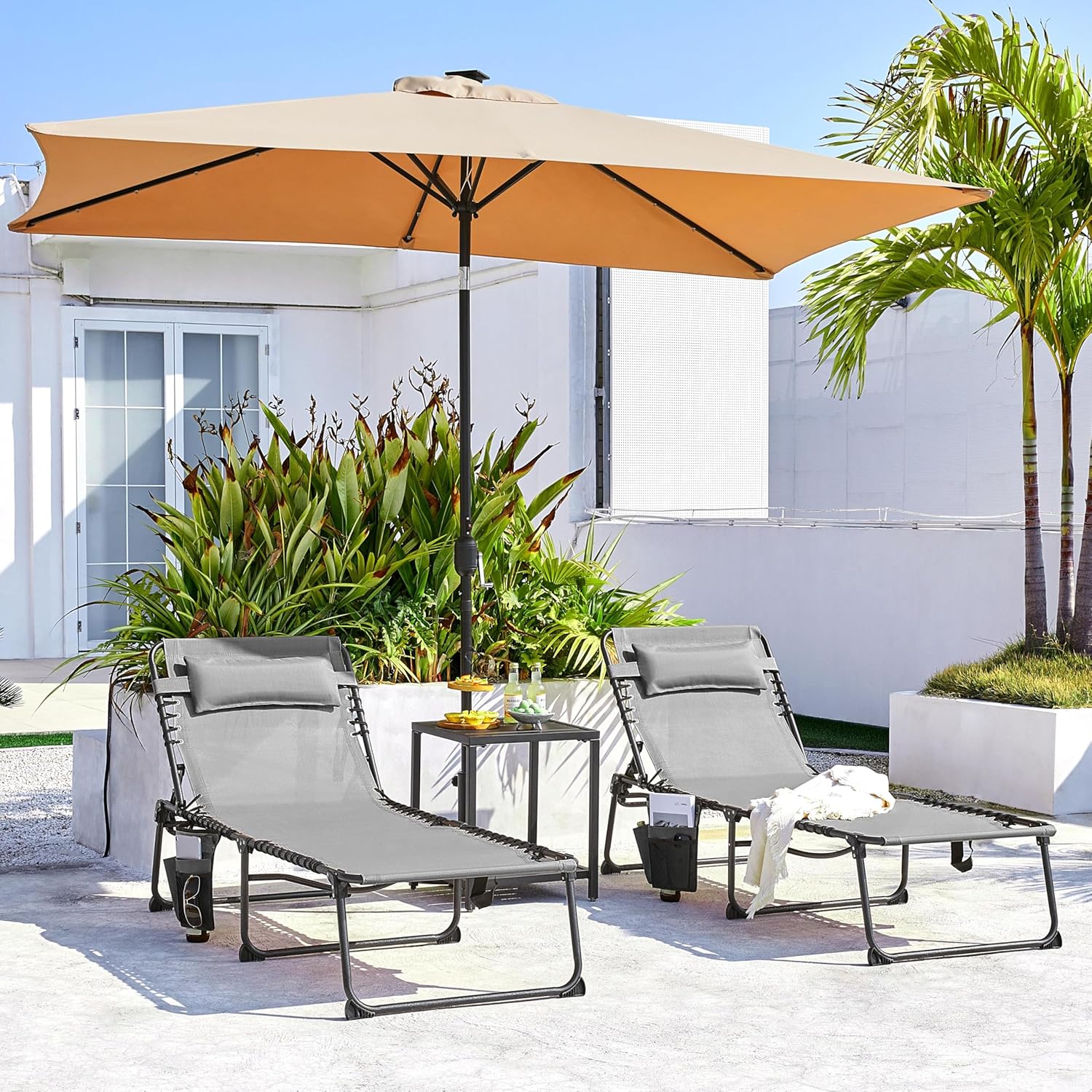 Yaheetech 26.4" Outdoor Folding Tanning Chair, Chaise Lounge Chairs with 5 Back Position Adjustable, Extended Portable Lounger for Beach, Patio, Gray