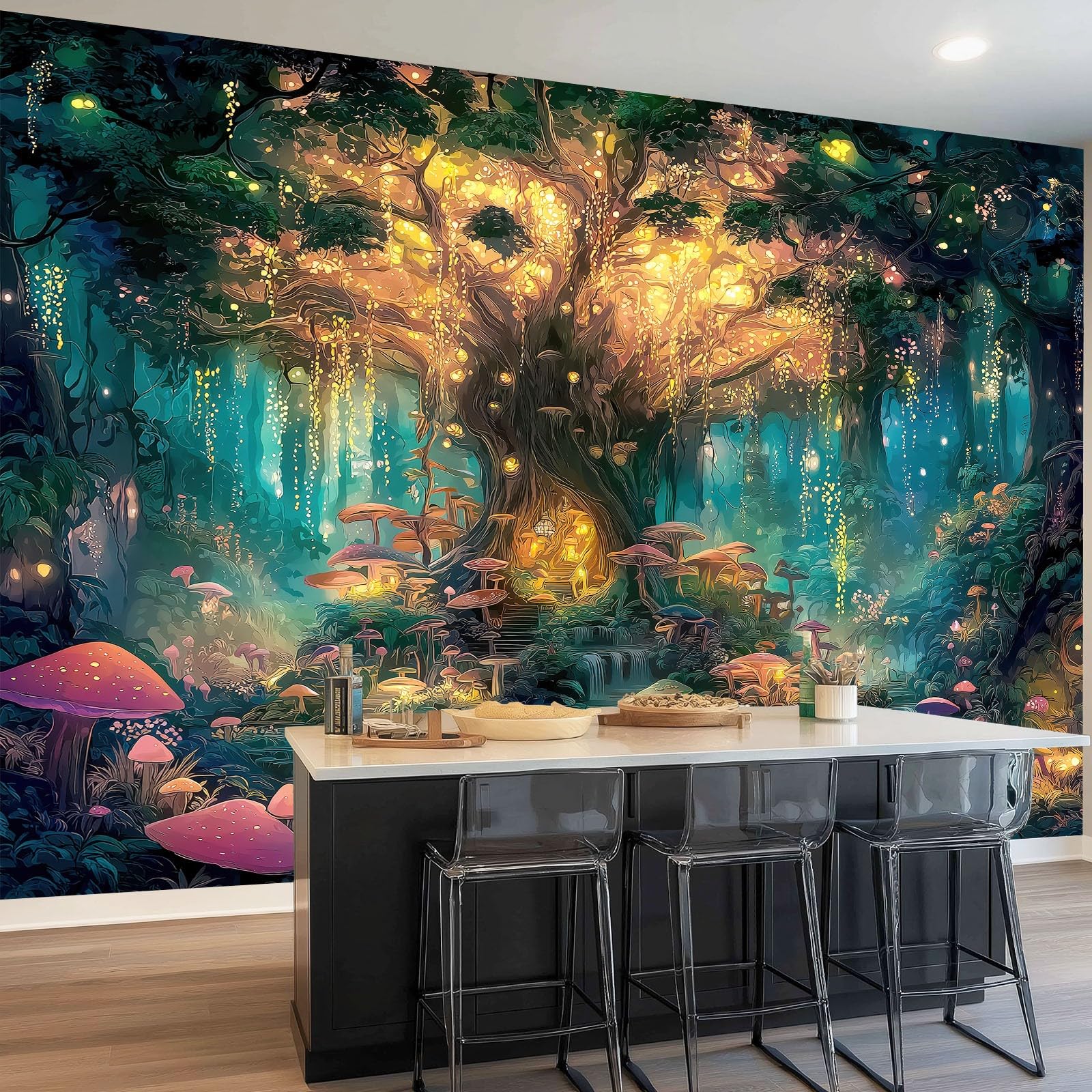 Fantasía Papel Pintado Panorámico - Bosque Encantado Plantas Mural Fotográfico Artístico 350 x 256 cm, Azul Oscuro Papel Pintado No Tejido Decoración De Pared Sala Oficina Salón Dormitorio