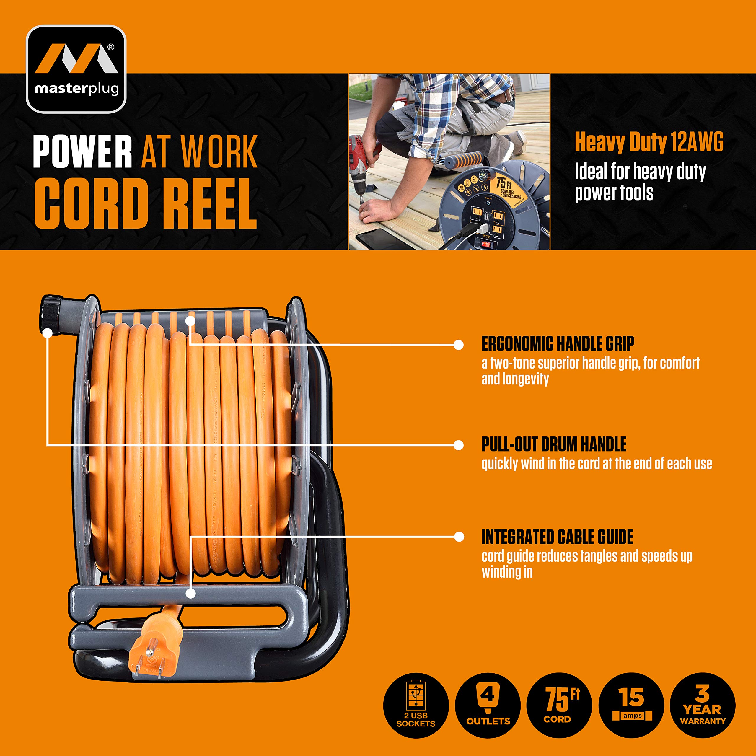 Power at Work - Avvolgicavo aperto con quattro prese di corrente, maniglia di avvolgimento e due porte di ricarica USB, interruttore di sicurezza per sovraccarico e interruttore di alimentazione, cavo