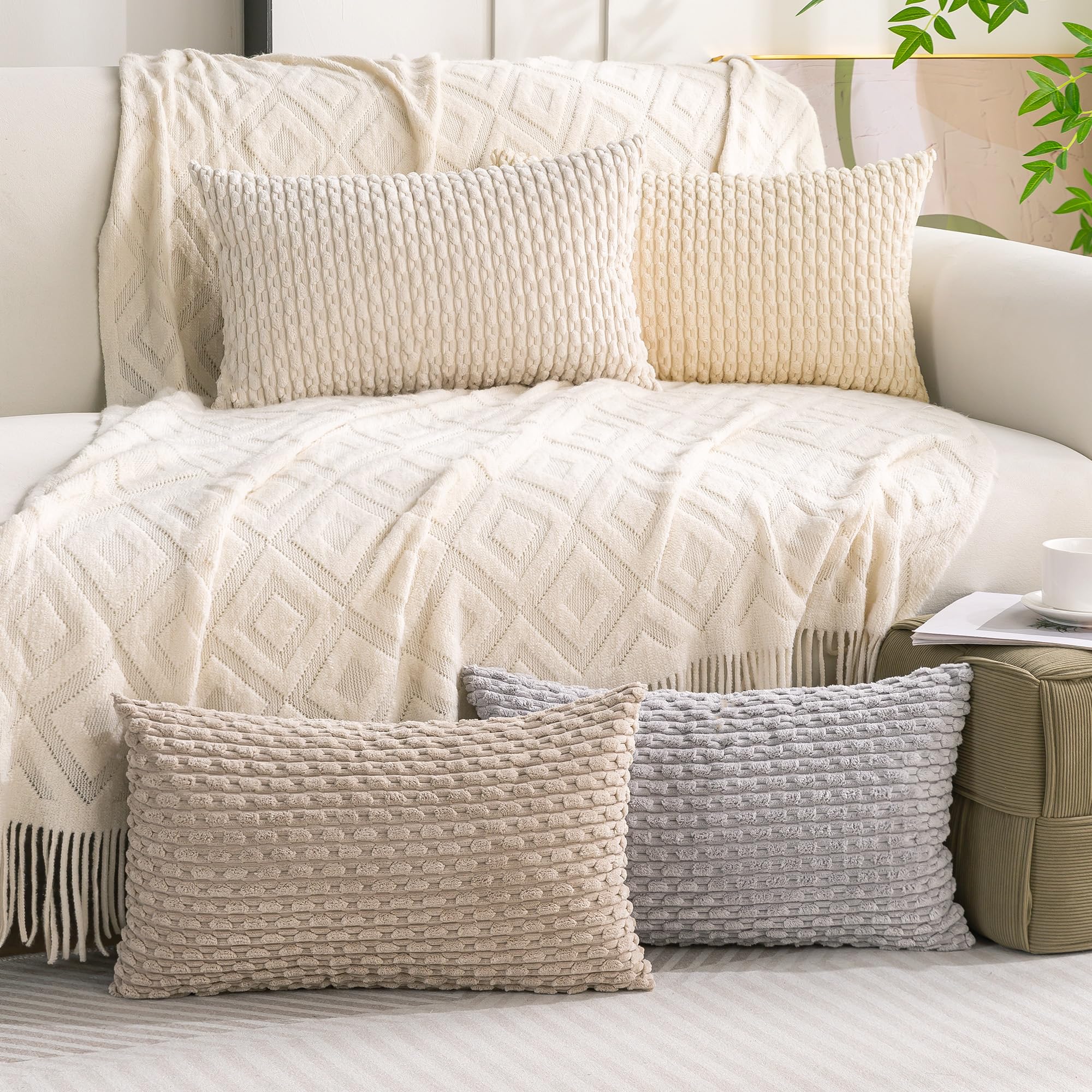 Cozoomy Set of 4 Neutral Decorative Throw Pillow Covers 12x20 Inch Corduroy Pillow Covers for Bed Couch Sofa Living Room Soft Cushion Cases