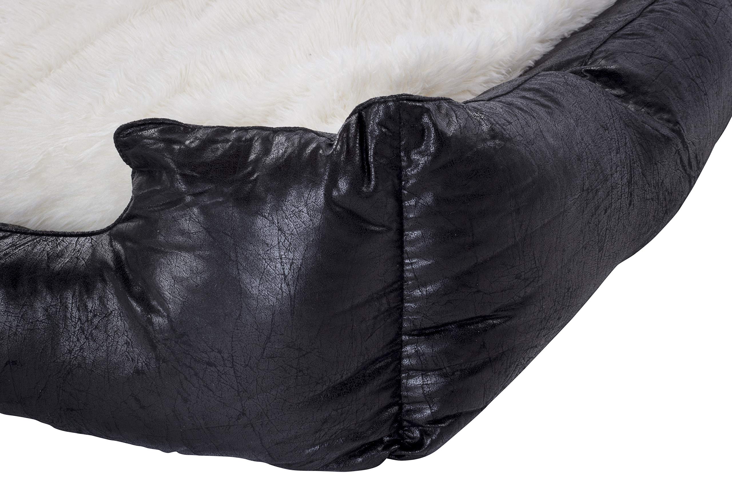 DeluxePet 'Schlummer' Hundebett schwarz 120x80 aus Kunstleder mit 2in1 Wendekissen, Hundekissen für große Hunde mit einer Fell und Leder Seite, Seiten weich gepolstert, Anti-Rutsch Rückseite