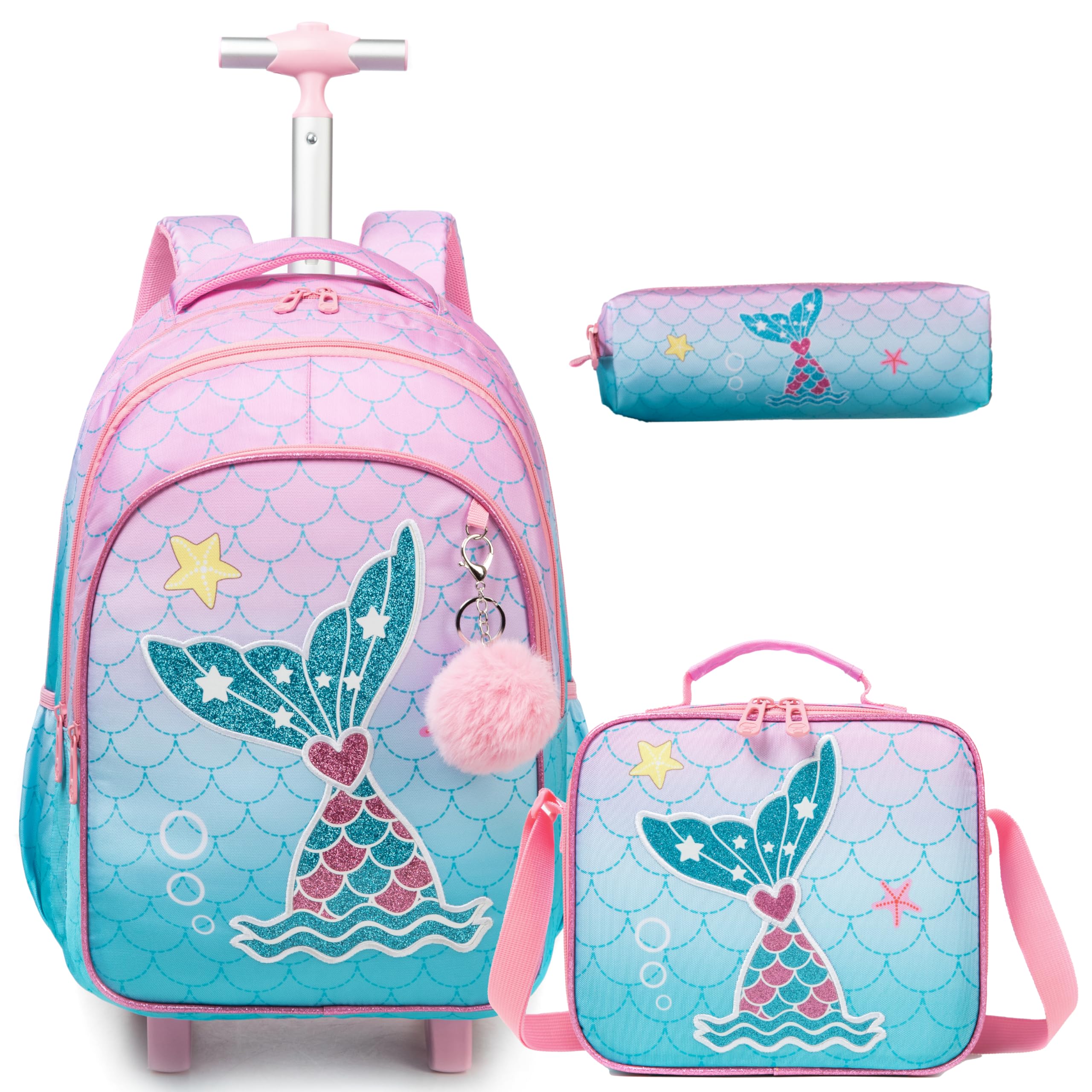 Egchescebo Kids Rolling Backpack for Girls Mermaid Suitcases Trolley Roller Luggage Backpacks on Wheels with Lunch Box Pencil Case for Elementary