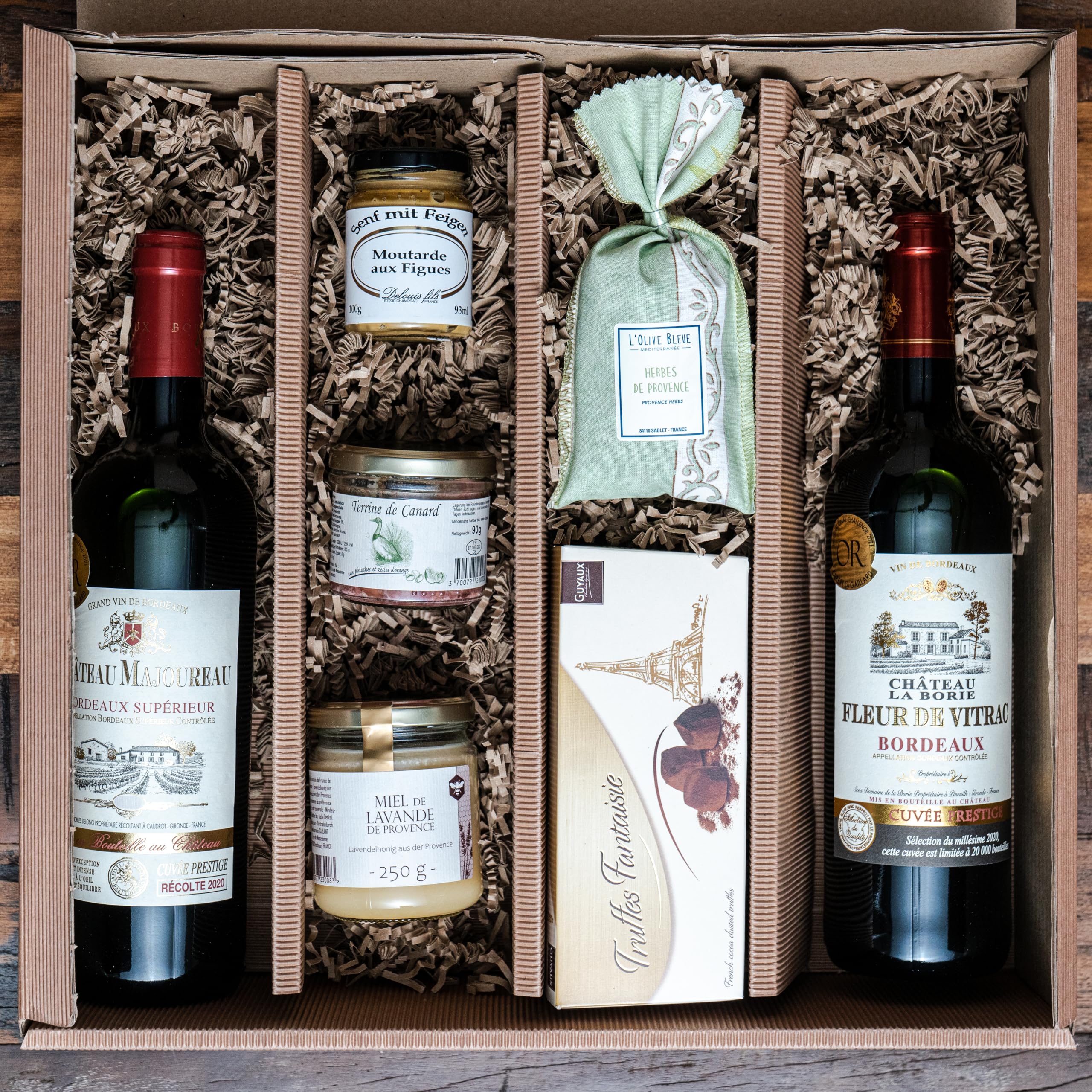Präsentkorb Frankreich mit Rotwein (Bordeaux) und französischen Delikatessen in schöner Präsentverpackung | ein Geschenk für Männer & Frauen mit leckerer Feinkost aus Frankreich