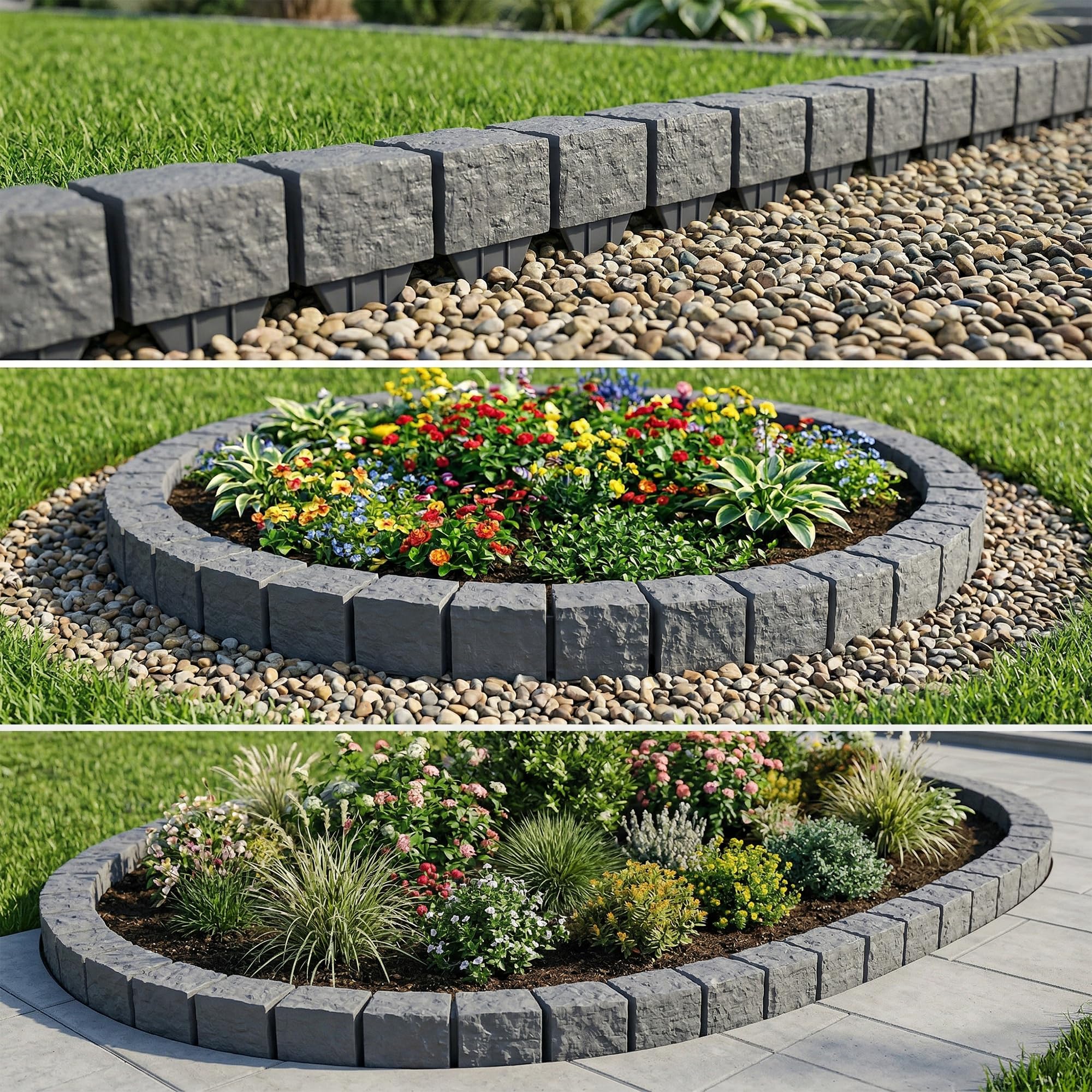 GARDENIX Rasenkante 2.4 m Granit Pflastersteine Optik Grau 10x10x10cm – Beeteinfassung Beetumrandung Beetbegrenzung aus Kunststoff, Gartenzaun Beetzaun Blumenbeet Umrandung