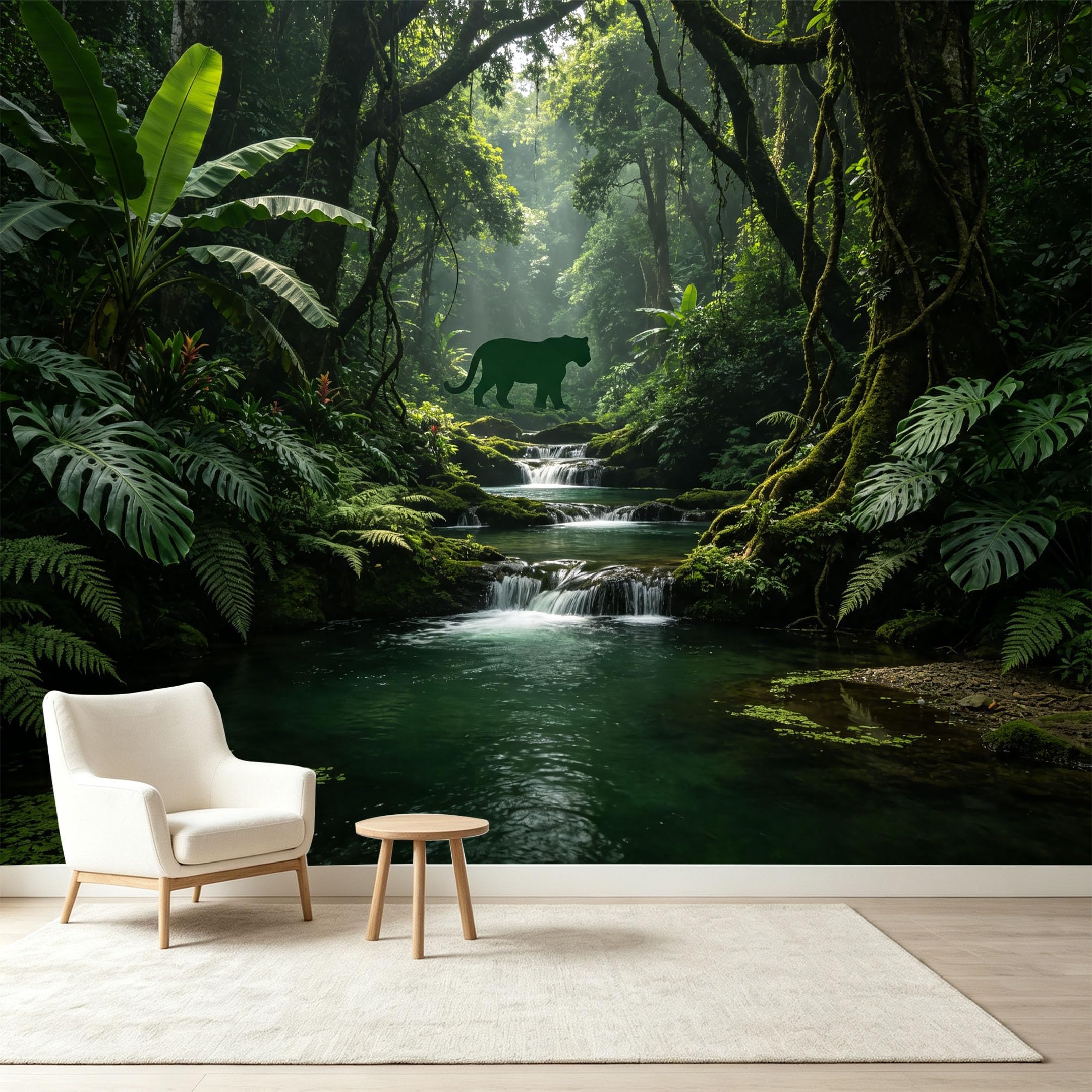 Custom Size Wall Murals Tropical Jungle Landscape Rainforest Waterfall Wild Panther Silhouette Self-Adhesive Wall Fabric Removable Wallpaper Wall Decor for Living Room Bedroom Bathroom