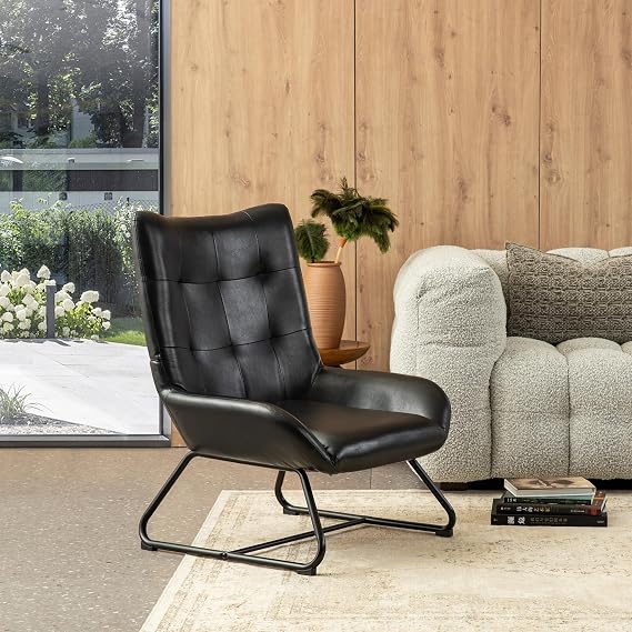 Glitzhome PU Leather Armless Accent Chair, Upholstered High Backrest Living Room Side Chair with Metal Frame, Sofa Chair for Living Room Bedroom Office
