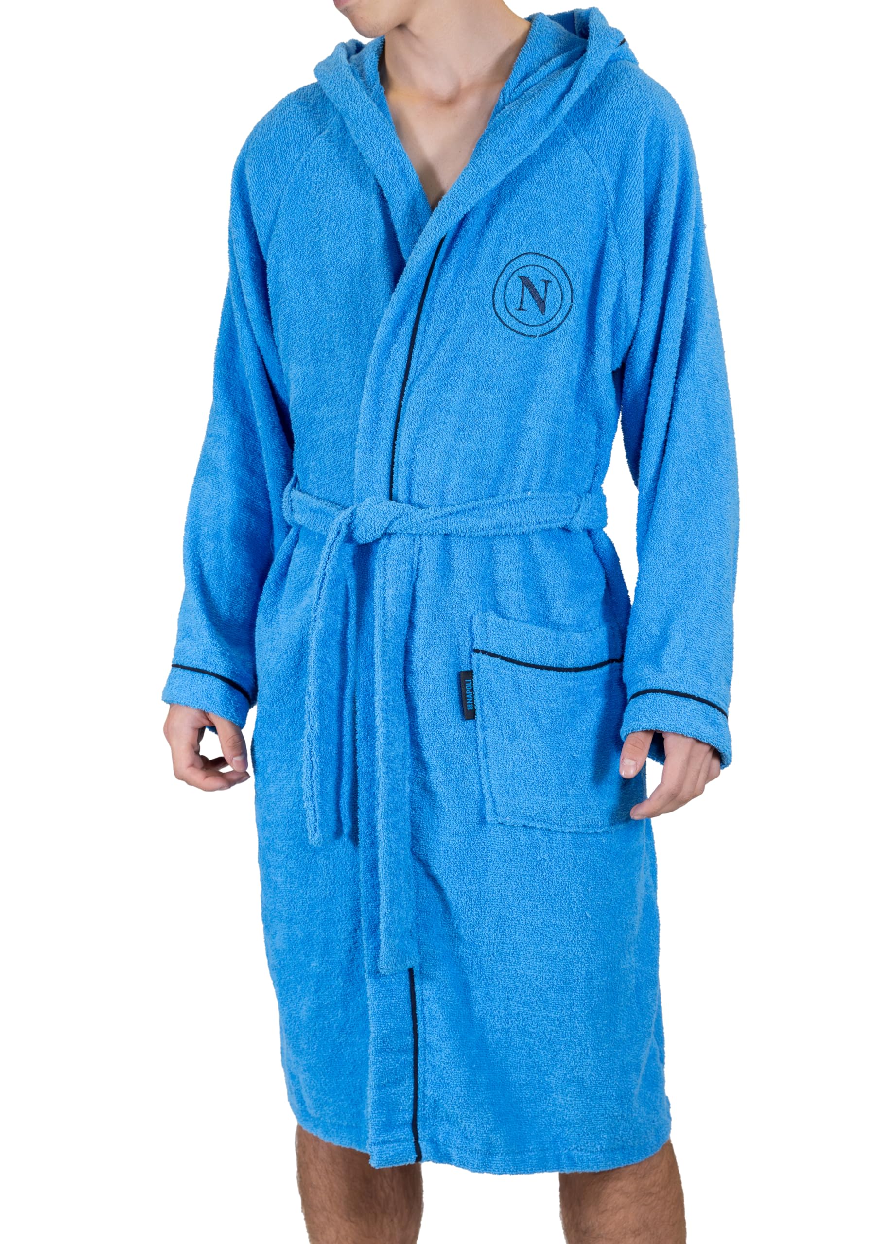 hermet SSC Napoli, Adult Microterry Bathrobe with Hood, 100% Cotton, Space-Saving Bag, Size M, Official Product, Light Blue, azure, M