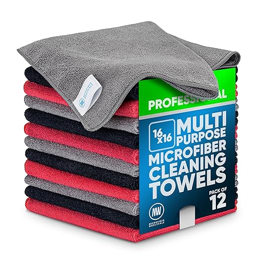 MW Pro Microfiber Cleaning Cloth | Red, Black, Gray (12 Pack) | Size 16" x 16" | All Purpose Microfiber Towels - Clean, Dust, Polish, Scrub, Absorbent…