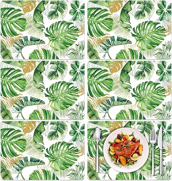 Tarklanda Palm Leaf Plastic Placemats Set of 6, Summer Tropical Plant Decorative Place Mat Hawaiian Wipeable Vinyl Table Mats for Kitchen Dining Indoor Outdoor Luau Party, 11 x 15.7 Inch