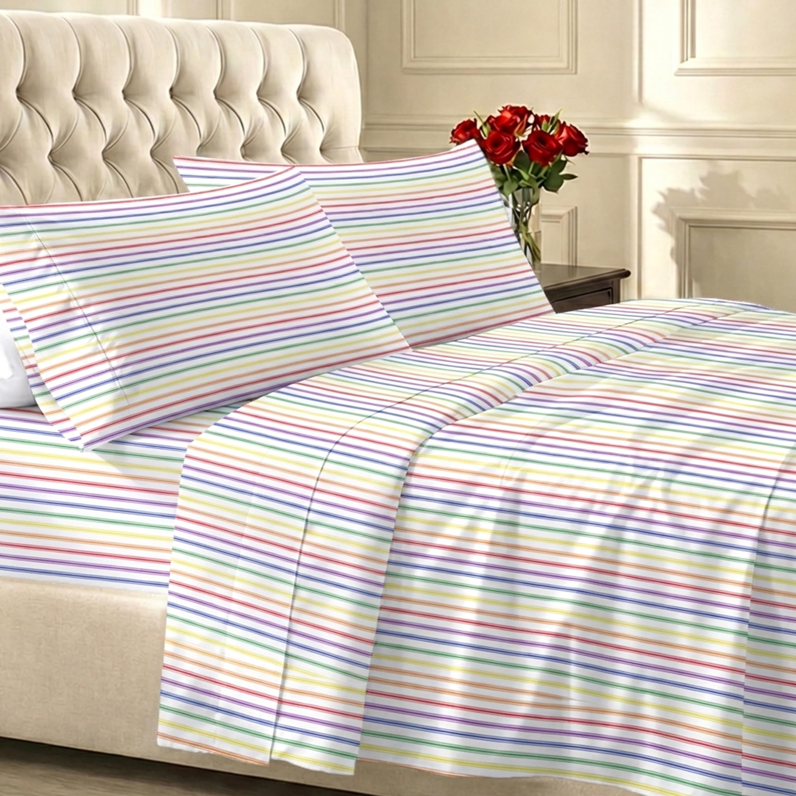 California Design Den Deep Pocket Twin Sheets Set - 400 Thread Count Sateen, Natural 100% Cotton Sheets, and Durable Bedding Set - Rainbow Striped