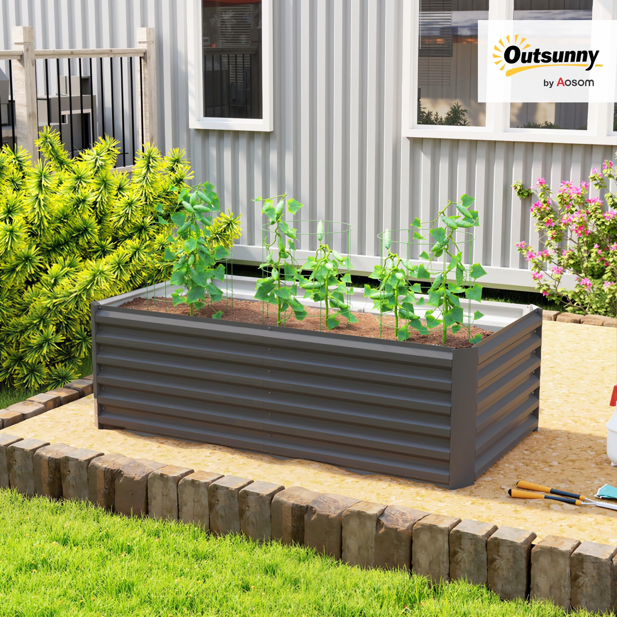 Outsunny Carré Potager Surélevé Galvanisé 180x90x60 cm Gris Foncé