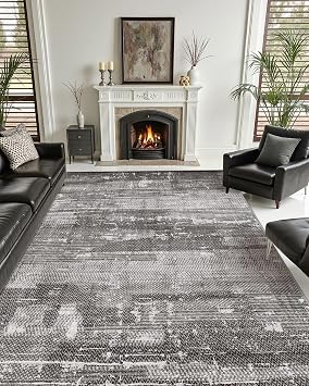 Color&Geometry 8x10 Machine Washable Low Pile Area Rugs for Living Room, Thin Soft Industrial - Vintage Area Carpet with Non Slip TPE Backing for Bedroom, Dining Room, Black and White