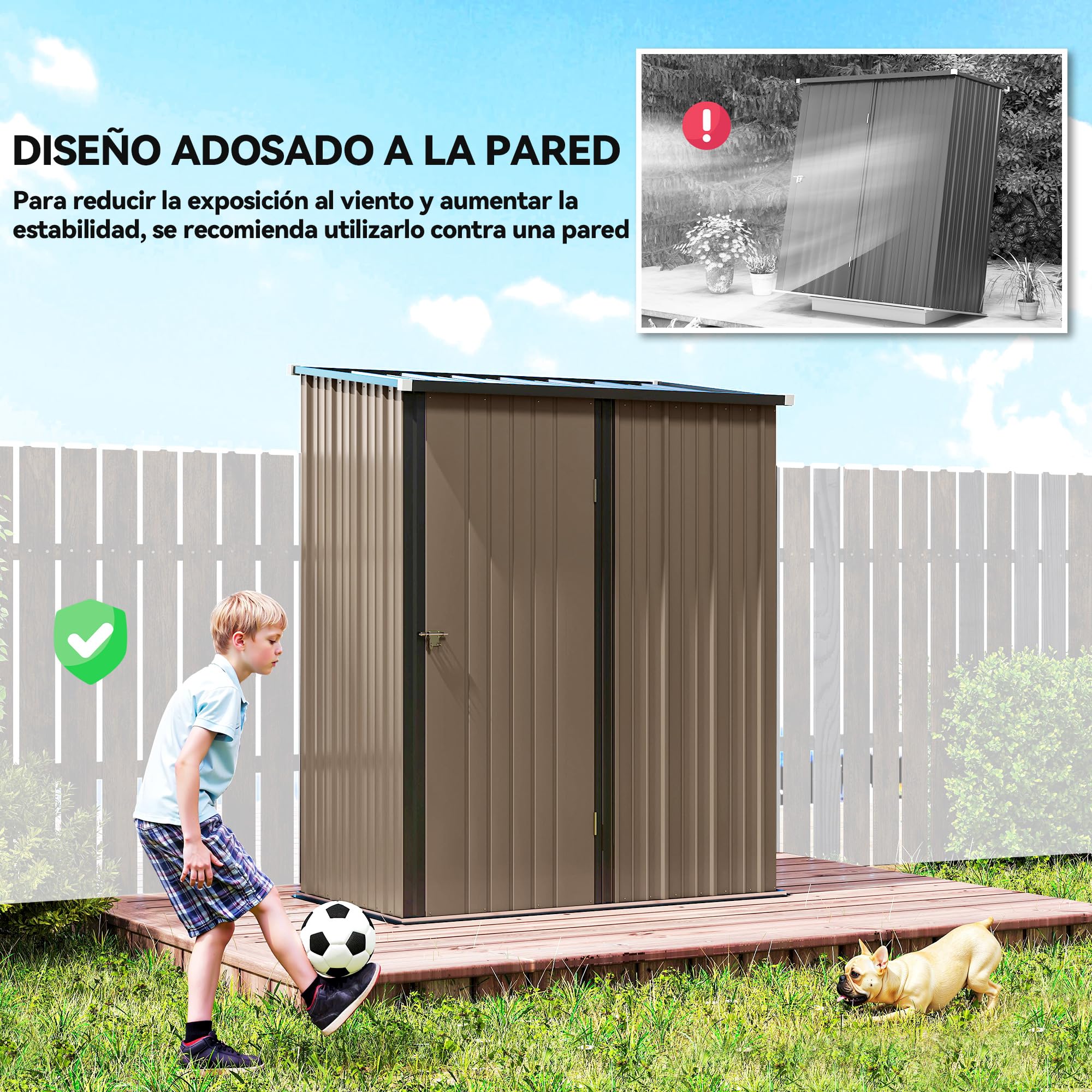 Outsunny Cobertizo de Jardín Exterior 1,34 m² 161,5x94,5x196 cm Caseta de Jardín Exterior Metálica con 1 Puerta y Cerradura para Almacenamiento de Herramientas para Patio Terraza Marrón