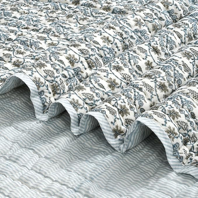 Ridhi Block Print Quilted Baby Blue Eyes Throw Reversible Blanket 100% Cotton Quilt, Cover for Couch and Bed, Sage Lap Bedding Coverlet, Luxury Oversized Quilted Throw Twin 60" X 90"