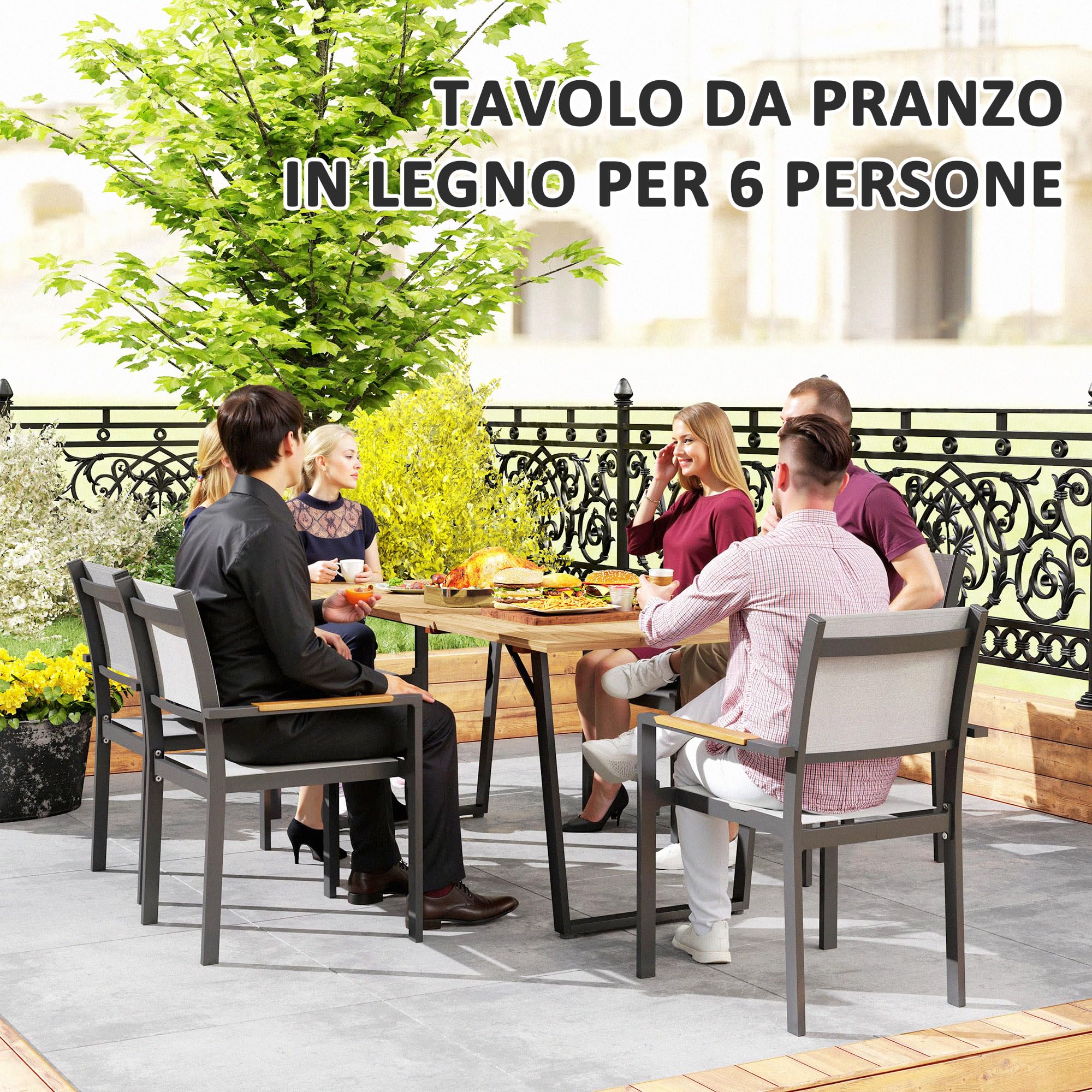 Outsunny Tavolo da Giardino per 6 Persone con Foro per Ombrellone, Tavola da Pranzo Rettangolare in Legno e Acciaio, Per Patio, Terrazzo, Balcone ed Esterno, 175x80x75 cm, Marrone