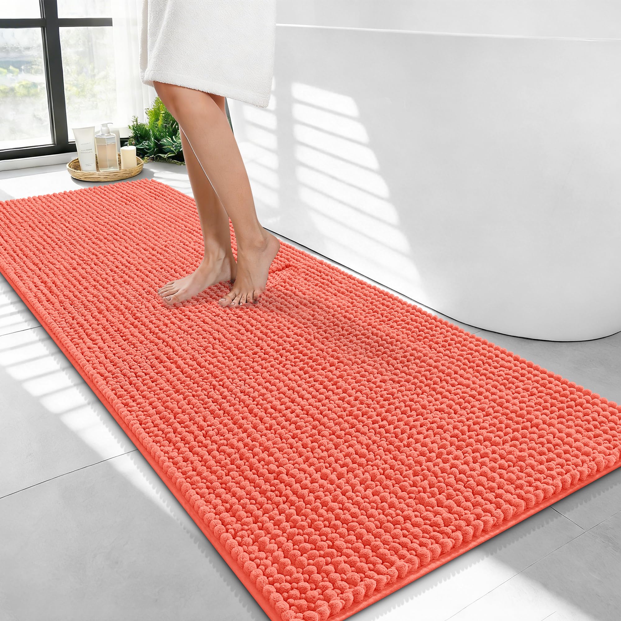 OLANLY Thick Chenille Bathroom Runner Rugs 47x24, Absorbent Bath Mat, Coral