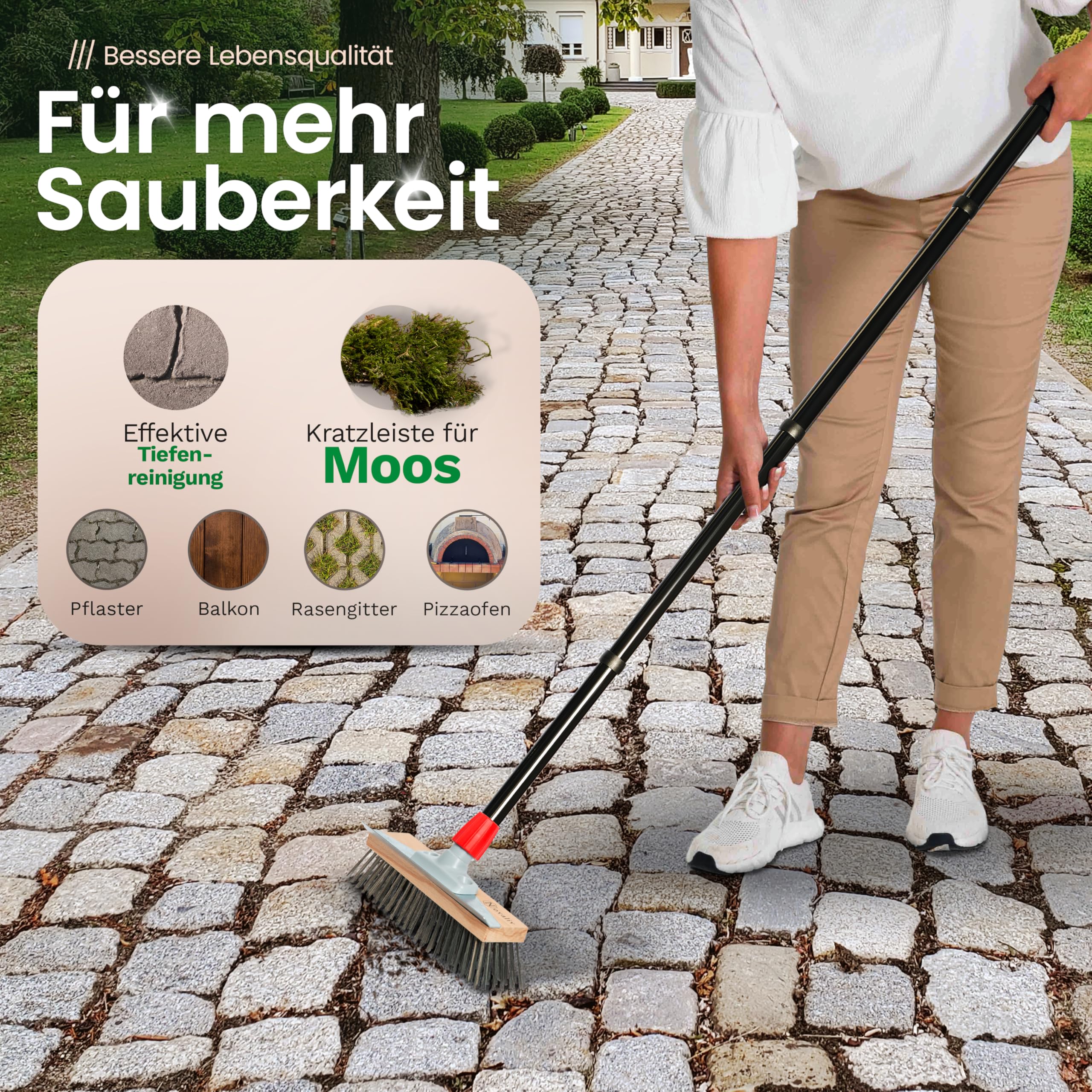 Novaliv 2 robuste spazzole in acciaio con manico in acciaio con manico in 4 pezzi, efficace rimozione del muschio, scopa per pavimentazione e giardino, scopa in acciaio, raschietto per muschio, scopa