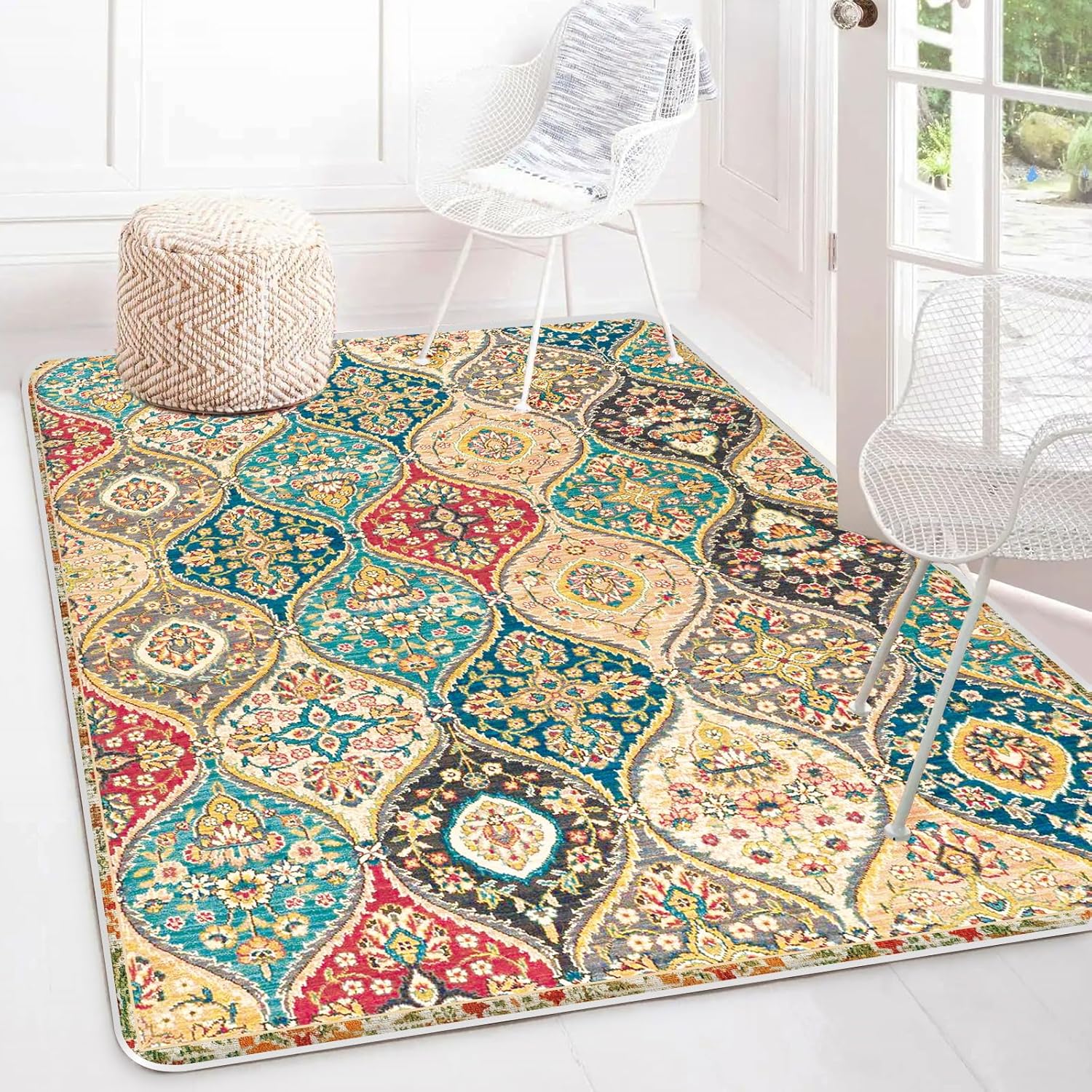 4' x 6' Moroccan Trellis Area Rugs, Soft and Wrinkle-Free Washable Rug with Non-Slip Backing for Living Room, Bedroom, Office,Hallway, Kitchen Entryway-(Cream/Multi 4x6ft) 4' x 6' Cream/Multi