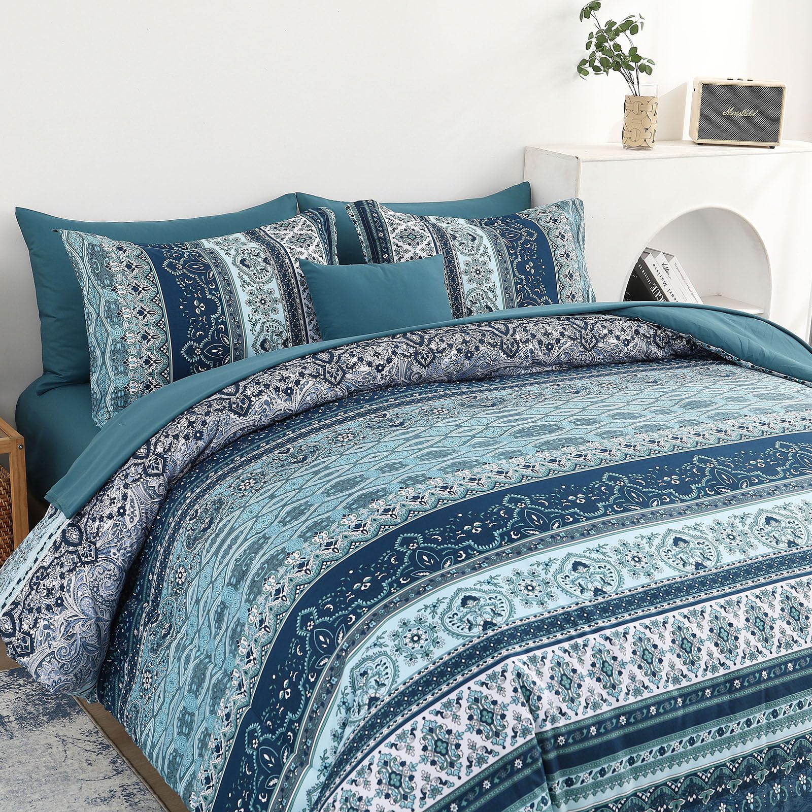 WONGS BEDDING Bohemian Double Duvet Cover Set Navy Blue Colorful Boho Striped Bedding Set including 2 Pillowcases Soft Microfiber Moroccan Quilt Cover 200x200cm - Image 4