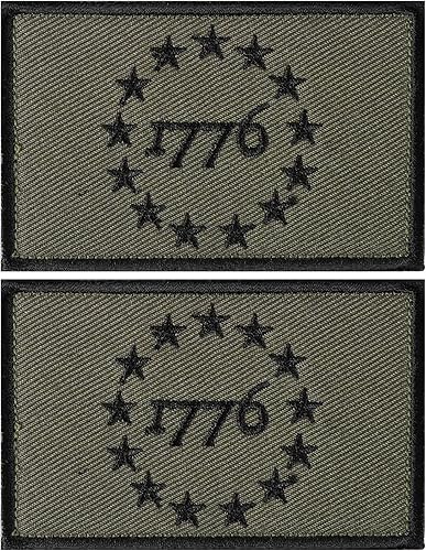 Parche táctico patriótico 1776 con apliques bordados Milltary, cierre de gancho y bucle (2 unidades, verde militar)