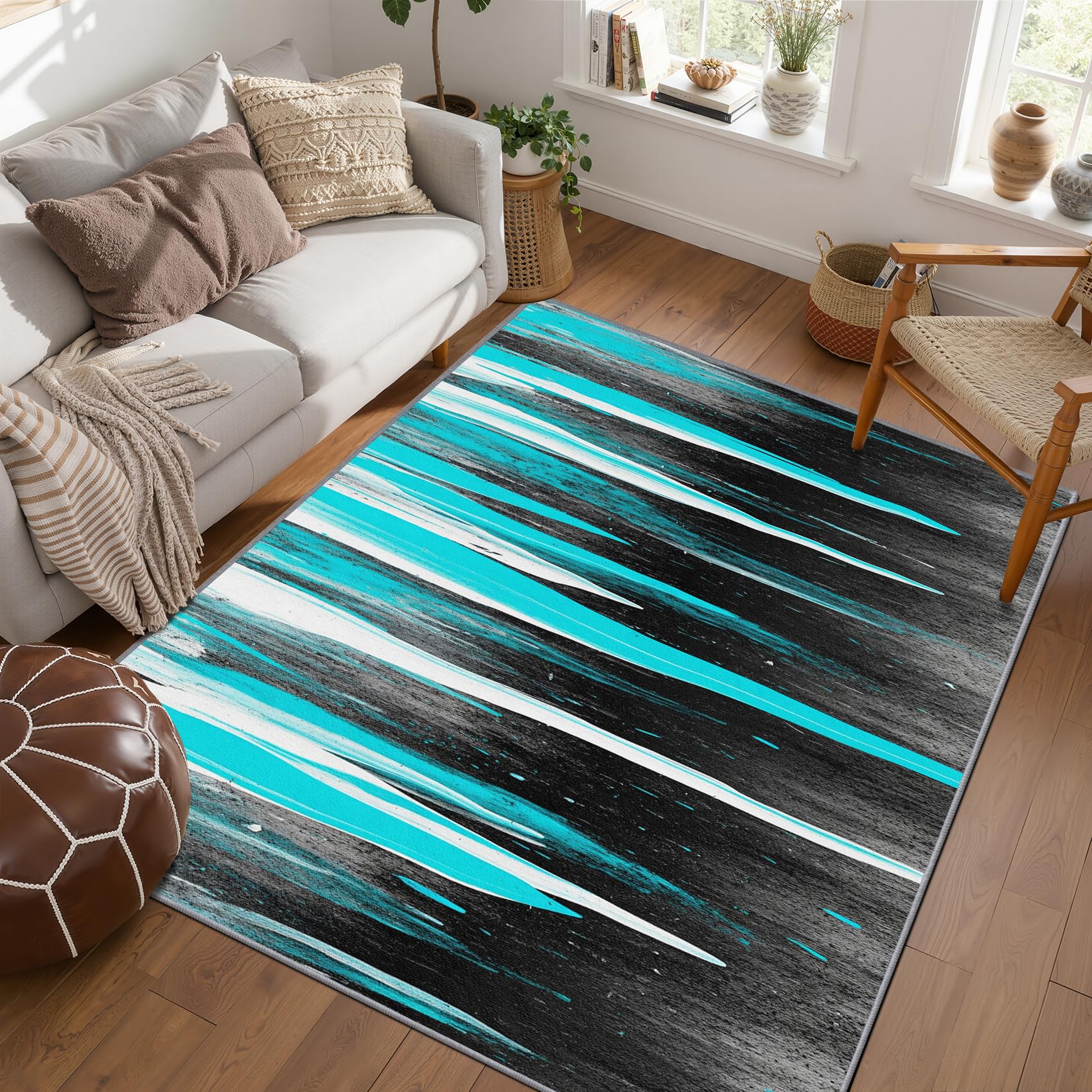 PaxGloz Contemporary Rugs for Living Room - Abstract Modern Rug, Teal and Grey Rugs for Living Room Bedroom, Washable Non Slip Soft Large Carpet, Patterned Area Rug & Home Decor 200x300 cm