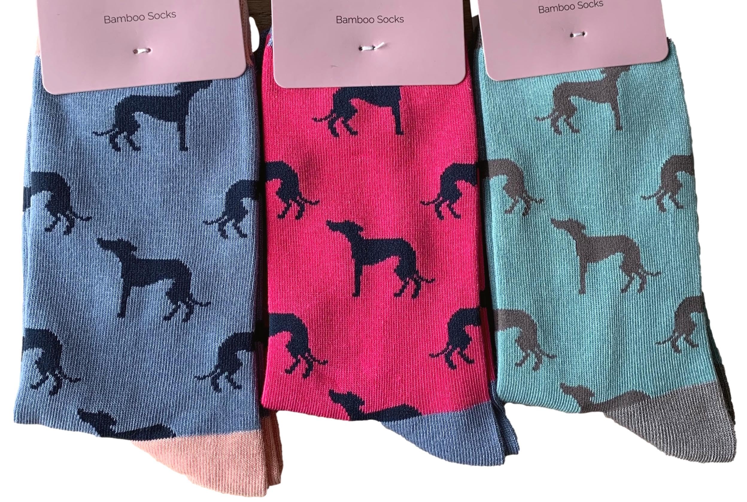 Purple Possum UK® Greyhound Socks Ladies Whippet Dogs Dog 3 Pair Pack Bamboo Cotton Pink Blue