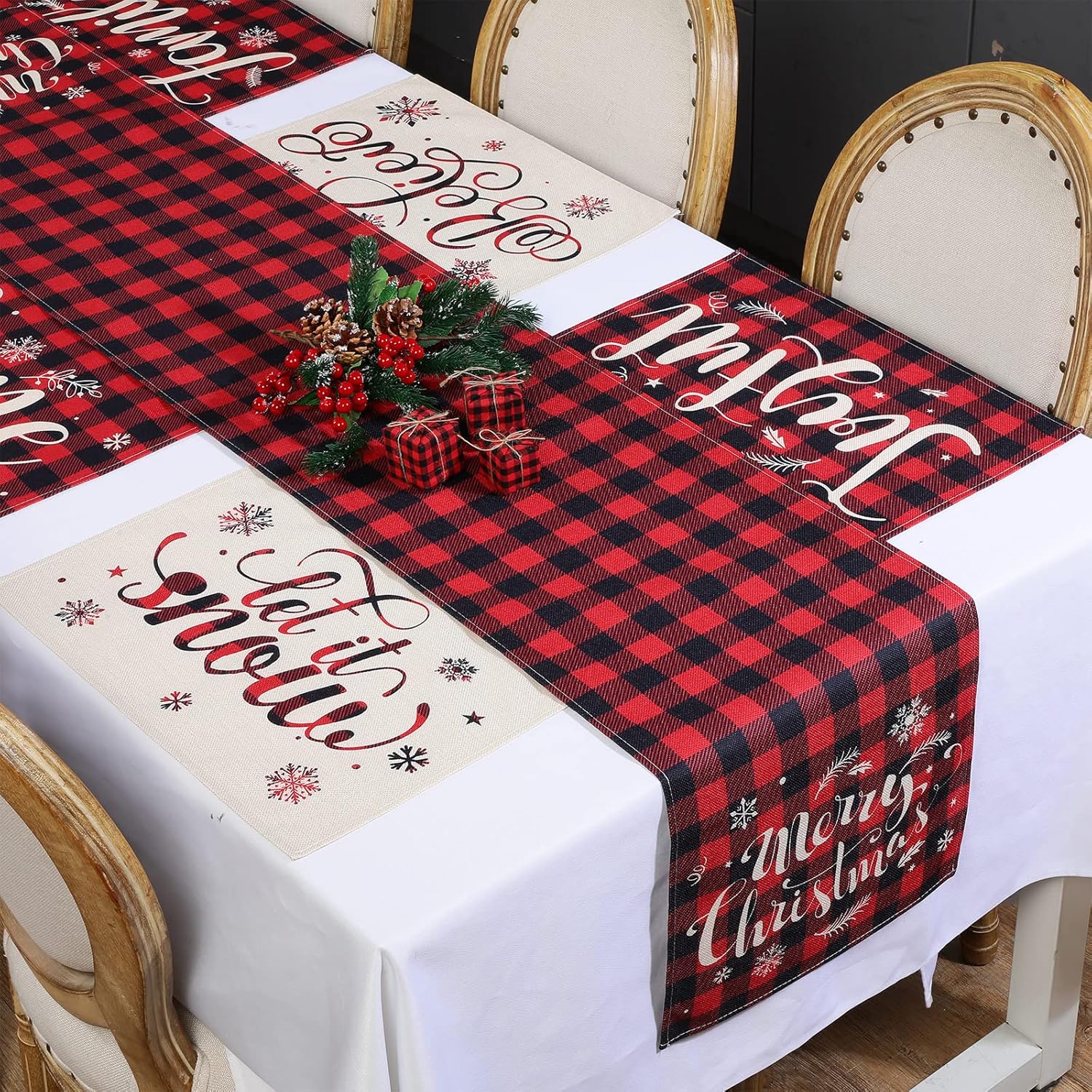 7 Pieces Christmas Table Runner Placemats, Red Black Buffalo Plaid Check Christmas