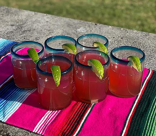 Miniatura 4 de Dos Sueños Vasos mexicanos soplados a mano, juego de 6 vasos con bordes azul aguamarina (10 onzas cada uno)