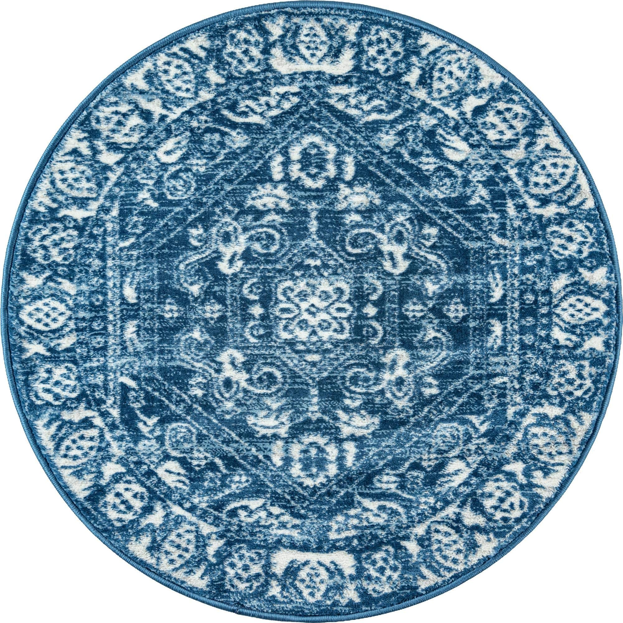 Rugs.com Boston Collection Rug – 3 Ft Round Blue Low-Pile Rug Perfect for Kitchens, Dining Rooms