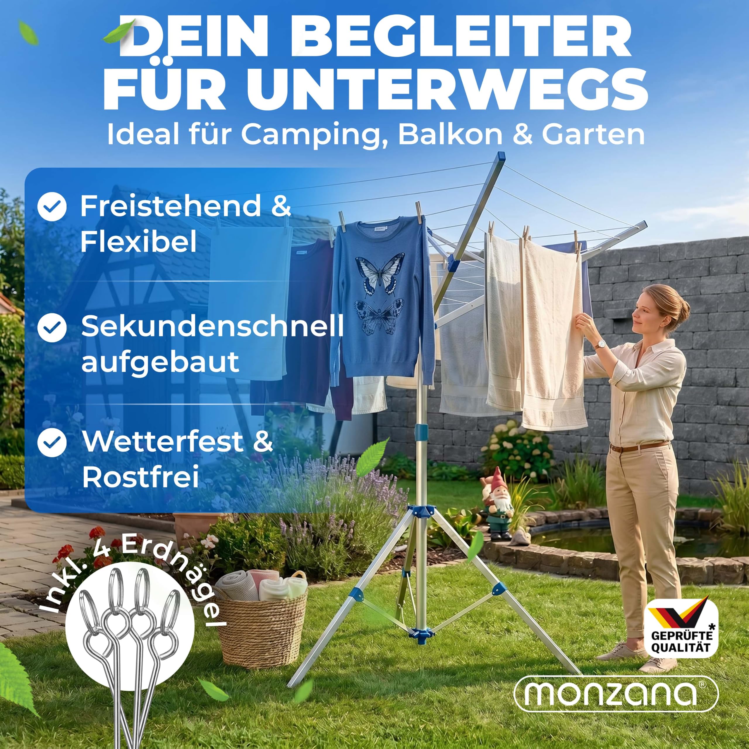 Monzana Wäschespinne Höhenverstellbar Camping Wäscheständer Wäscheleine Garten