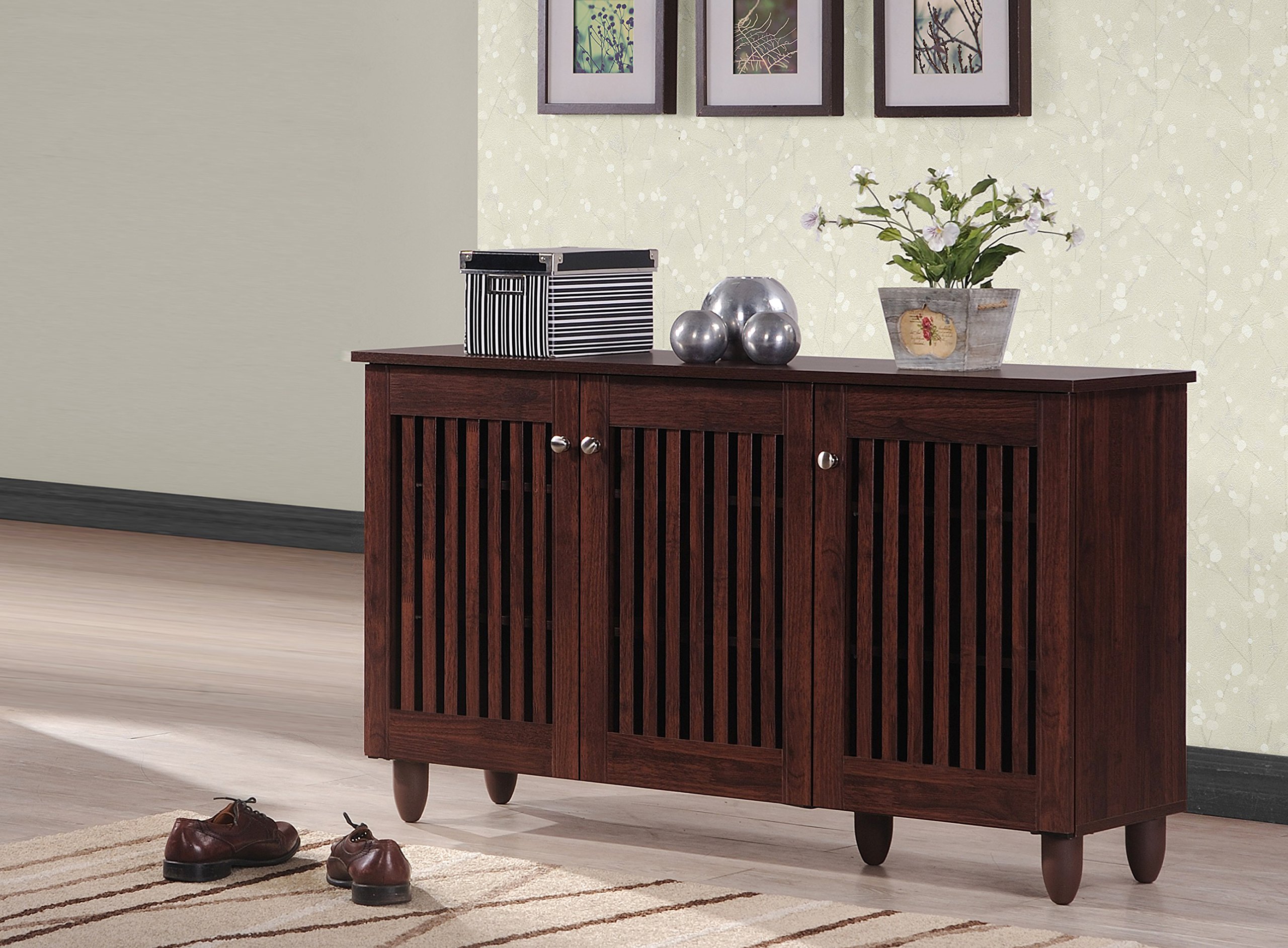 Wholesale Interiors Fernanda Modern and Contemporary 3-Door Oak Brown Wooden Entryway Shoes Storage Wide Cabinet