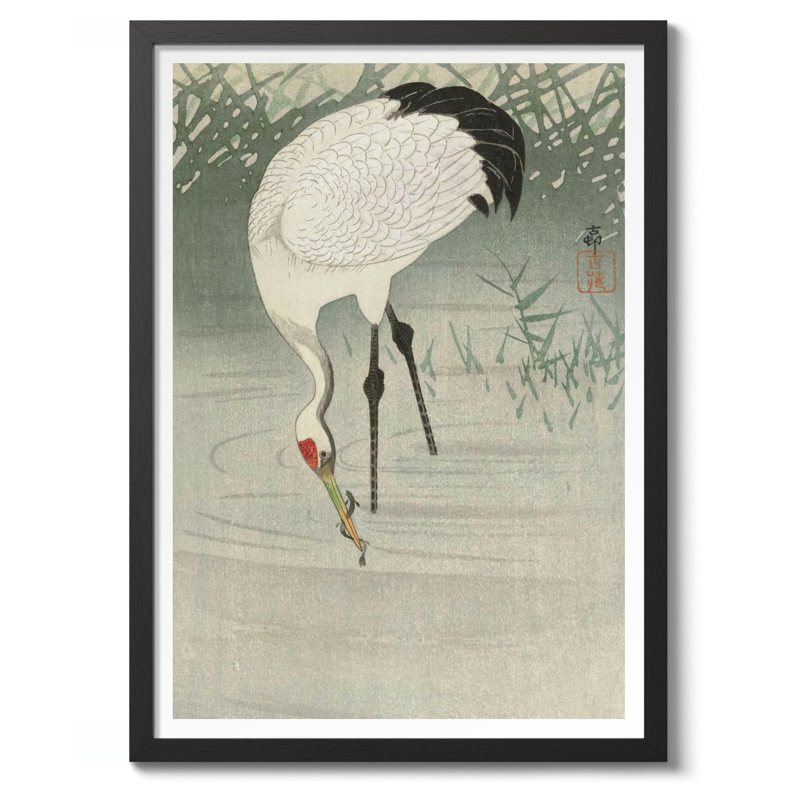 Fishing Crane In Shallow Water Ohara Koson Poster, Japanese Woodblock Ukiyo-E Print, Vintage Bird Art Picture Animal Painting Wall Art, Japan Birds Home Decor, A5 (Black Frame) - 24.1x17.9cm