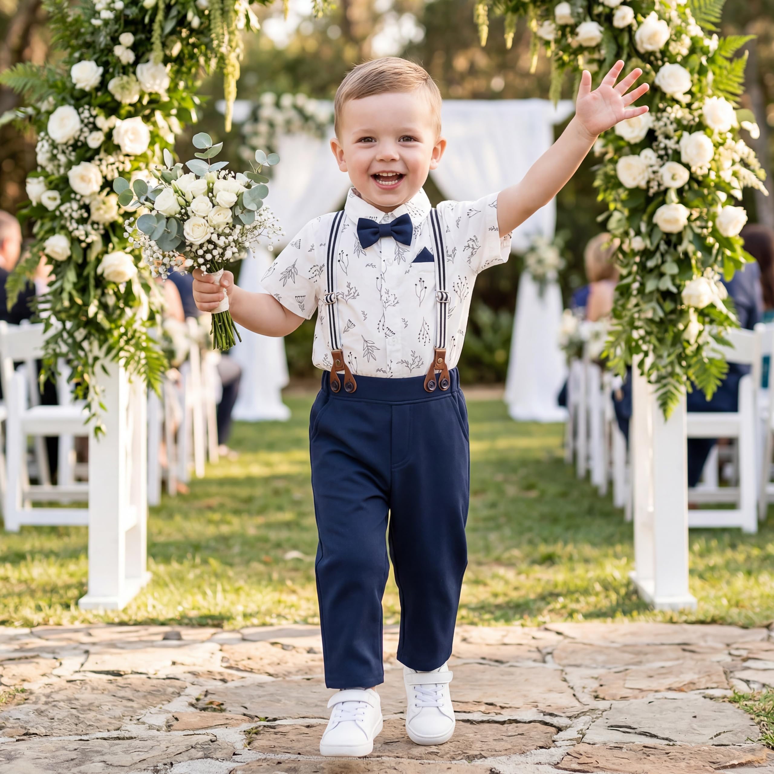 Volunboy Traje Formal para Bebé Niño, Pelele Manga Corta con Pantalón Tirantes, Boina y Pajarita, Conjunto Elegante Boda