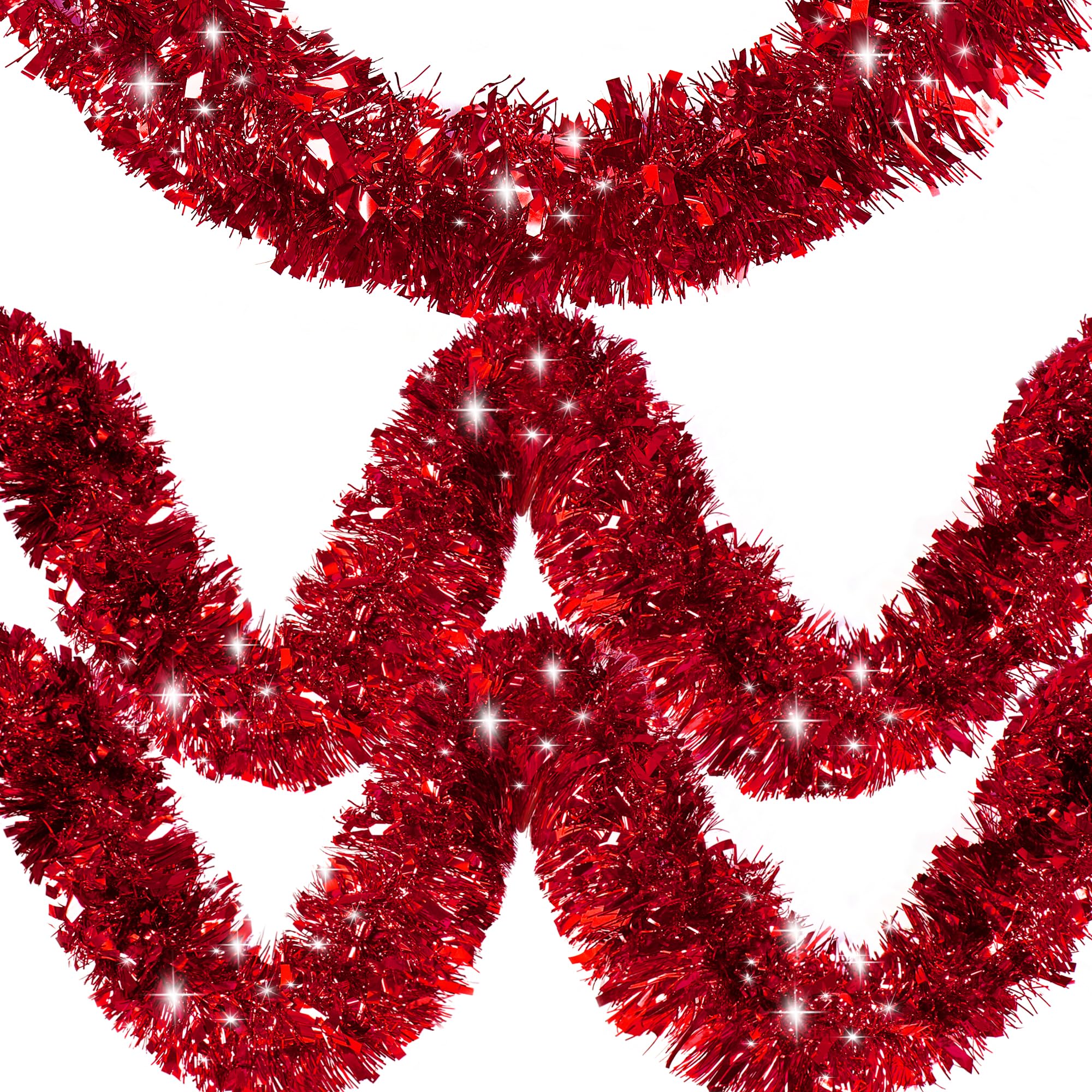 Budbof 50FT Red Tinsel Christmas Garland Metallic Twist Garland Shiny Hanging Tinsel for Christmas Tree Party Supplies Indoor Outdoor Home Xmas Decoration (Red)