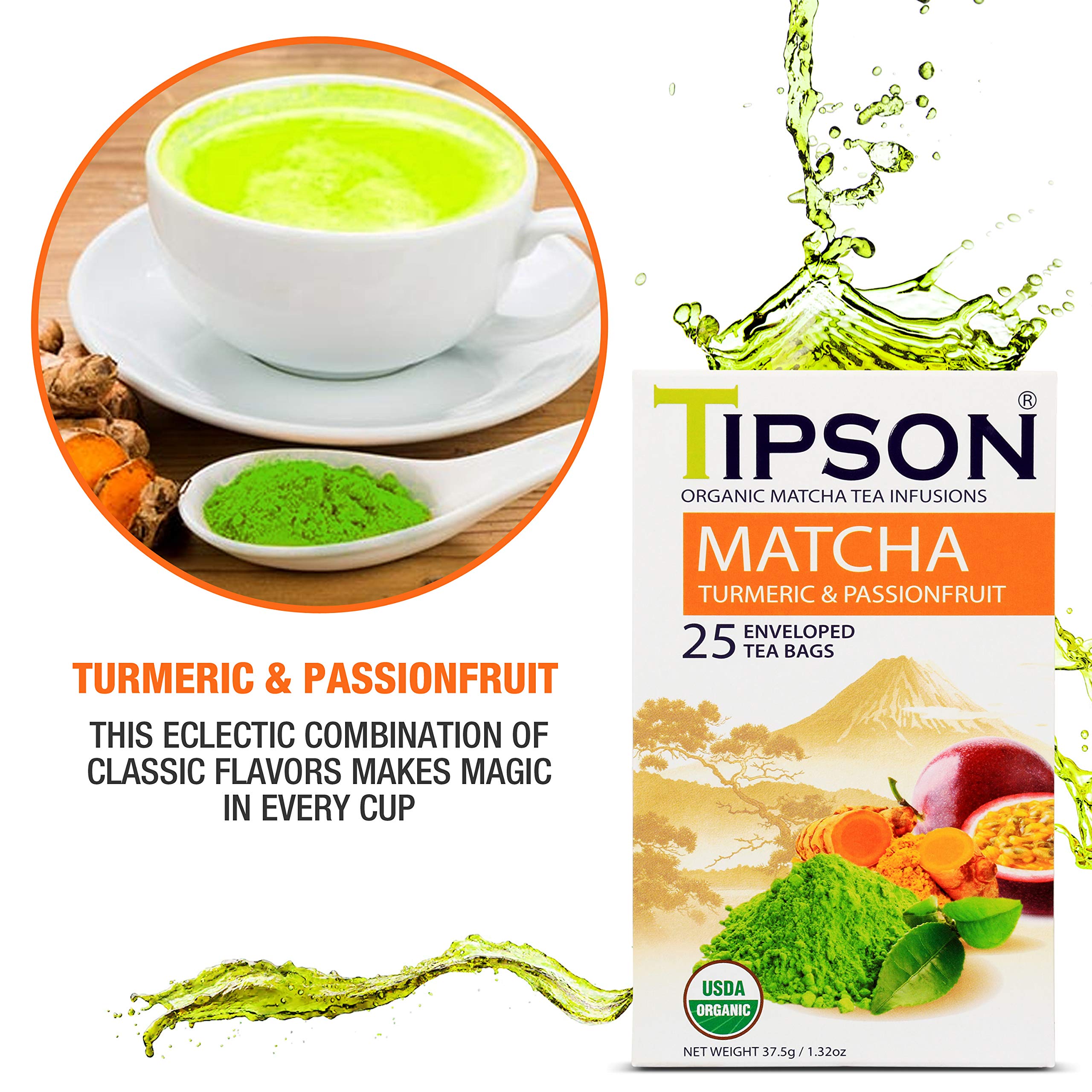 Tipson Organic Matcha Green Tea - Turmeric and Natural Passionfruit Flavor - 25 Foil Enveloped Double Chambered Bags — view 2