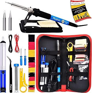 Soldering Iron Kit, 60W Soldering Iron Adjustable Temperature, 2 pcs Interchangeable Soldering Iron Tips, Solder Wire, Wire Stripper, Mini Holder, Desoldering Pump, Heatshrink Tubes [110 V, US Plug]