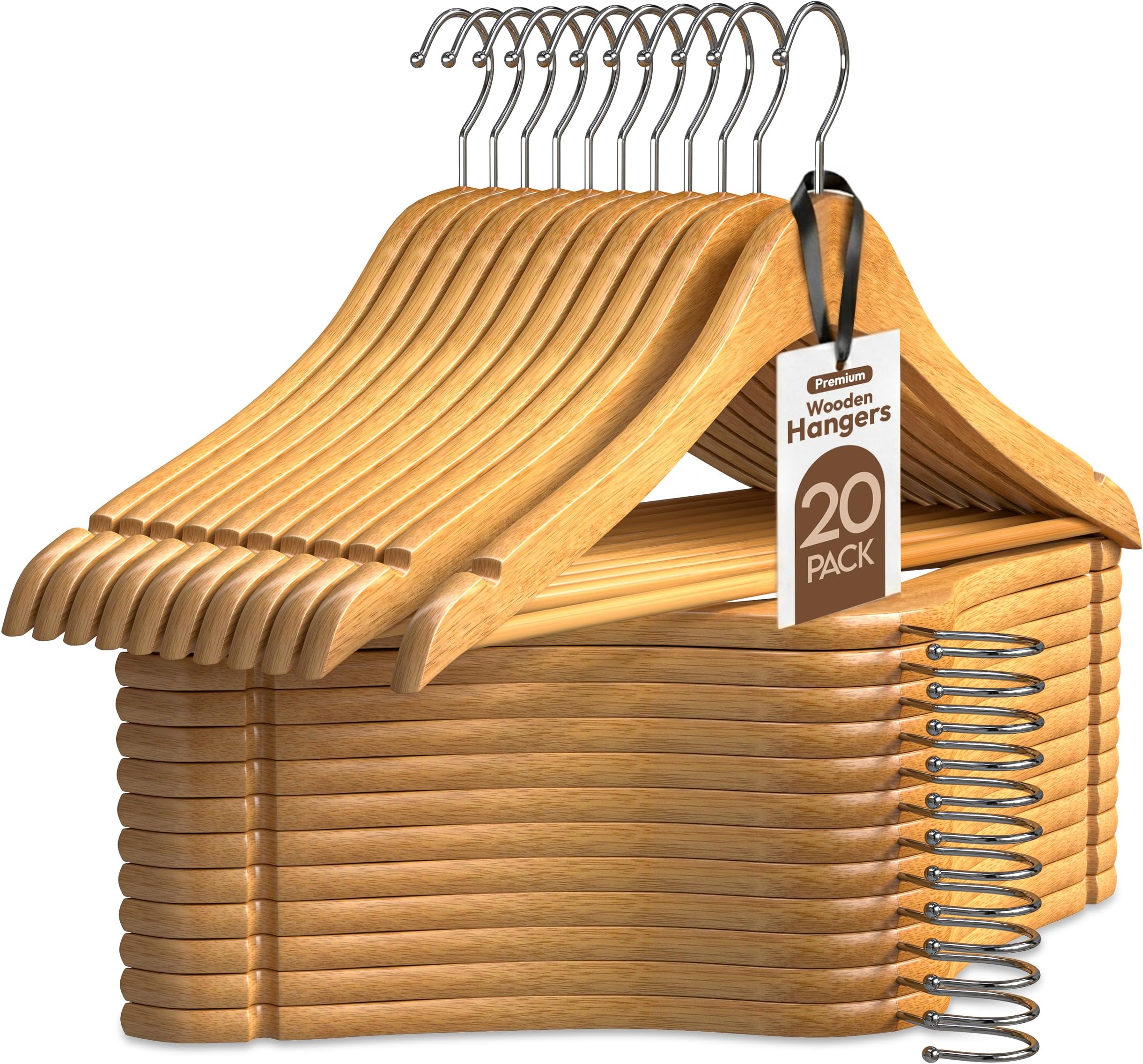 Utopia Home Premium Wooden Hangers 20 Pack - Heavy Duty & Durable Coat Hanger - Wood Hanger with 360-Degree Rotatable Hook - Clothes Hangers with Non-Slip Shoulder Notches For Shirts & Coats (Natural)