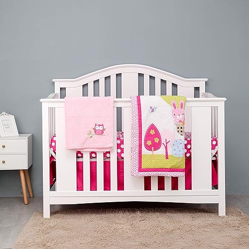 Brandream Juego de ropa de cama para cuna de bebé de 3 piezas, color rosa, globo de fuego con lunares, diseño de pájaros, conejo, búho, zorro,