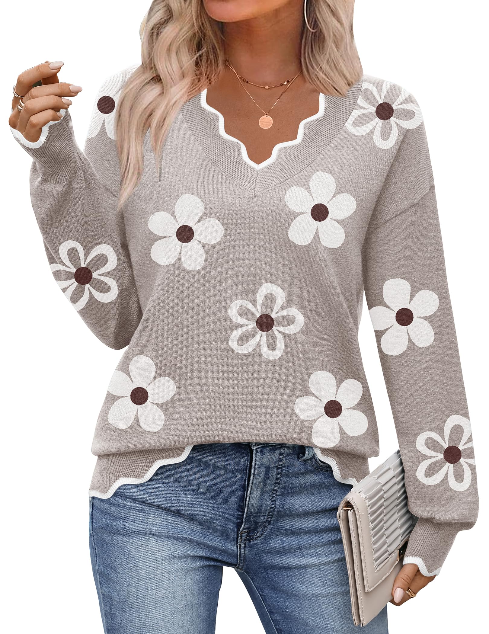 Zeagoo Womens 2026 Fall V Neck Sweater Casual Long Sleeve Lightweight Ribbed Knit Pullover Sweaters Dressy Casual Tops
