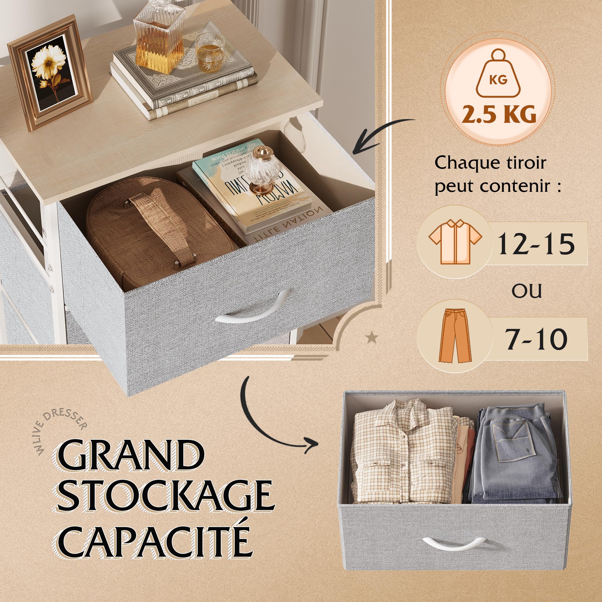 WLIVE Commode en Tissu avec Tiroirs pour Chambre à Coucher, Armoire en Tour avec Structure en Acier, Adaptée pour Le Salon, la Chambre d’Enfants (Gris Clair, 4 Tiroirs)
