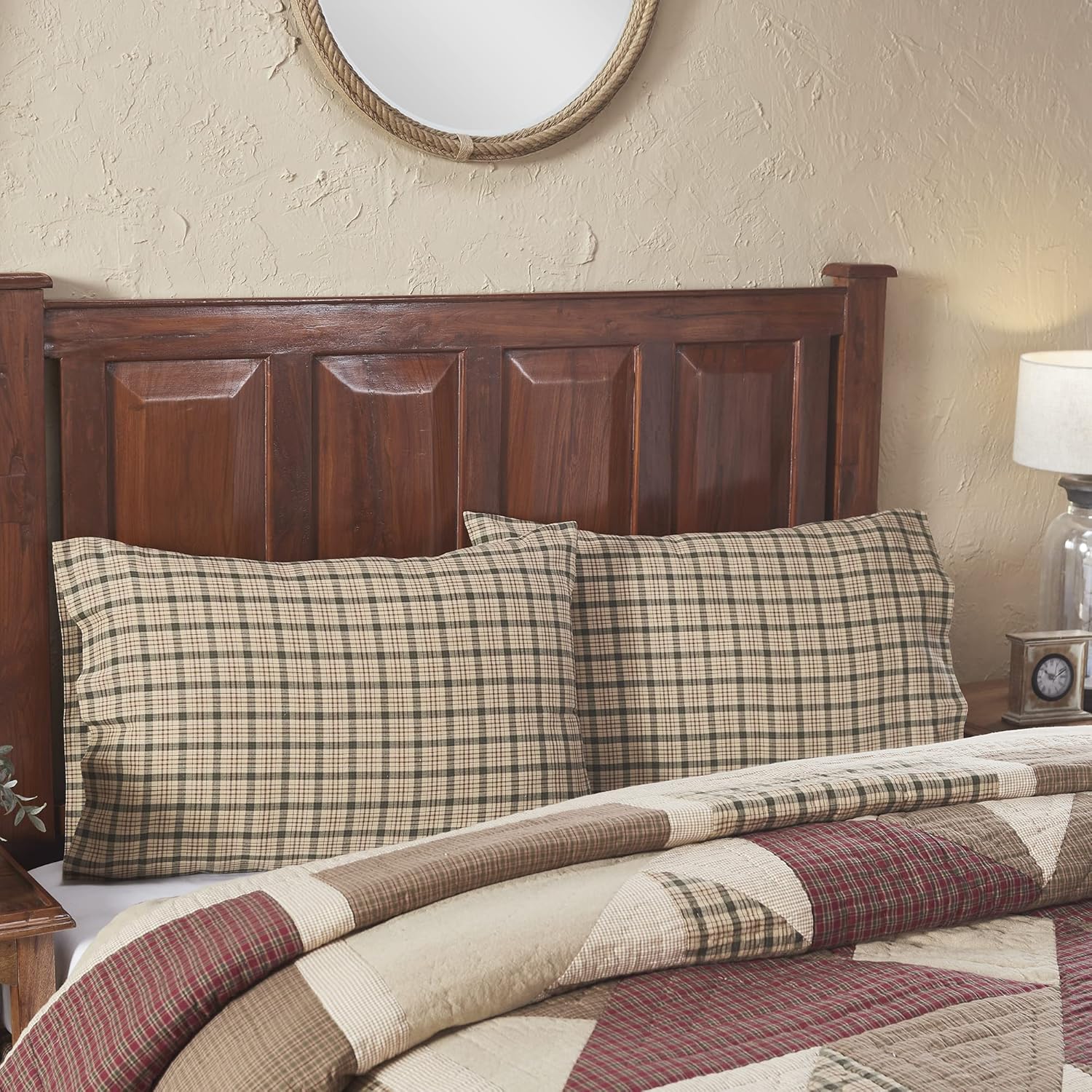 VHC Brands Cider Mill King-Size Plaid Pillow Case, Tan, 21x40, Set of 2