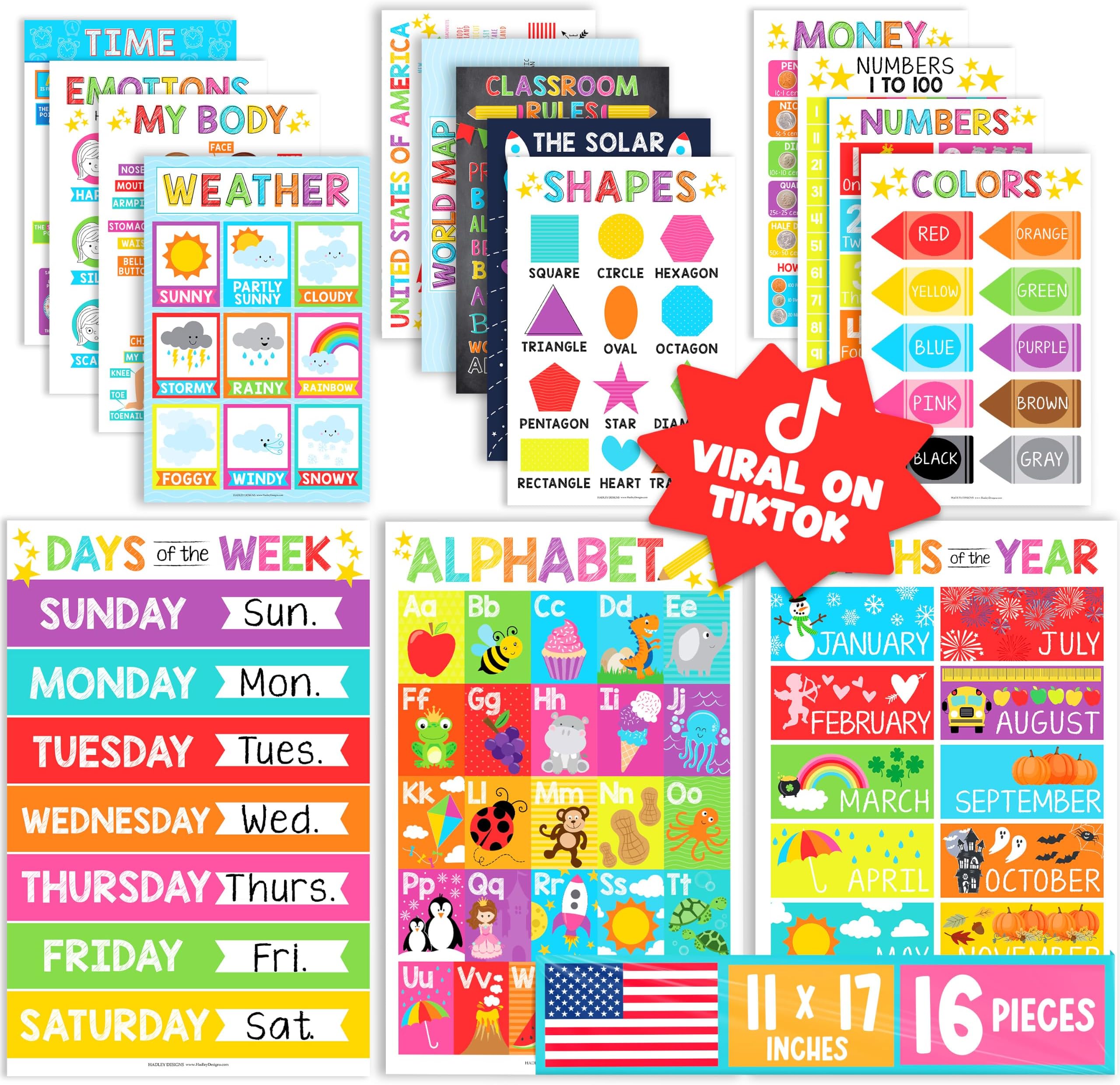 Hadley Designs 16 Educational Posters for Classroom Must Haves - Laminated Pre-K Posters for Toddler Homeschool Essentials, Toddler & Preschool Learning Activities, Kindergarten Classroom Decor