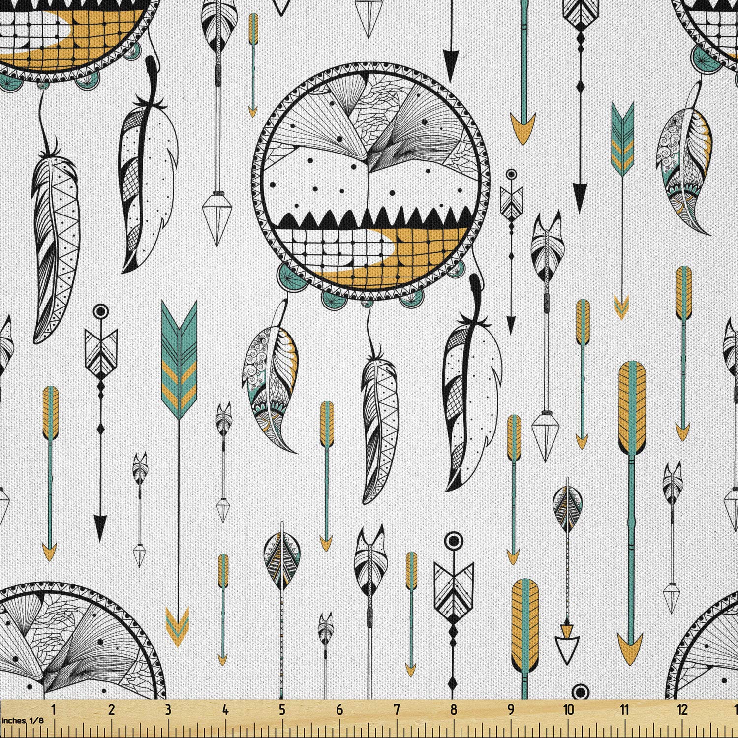 Lunarable Boho Fabric by The Yard, Dream Catcher Style Arrows Pointing Down Boho Style Pattern Cultural Print, Microfiber Fabric for Arts and Crafts Textiles &amp; Decor, 1 Yard, Teal Mustard
