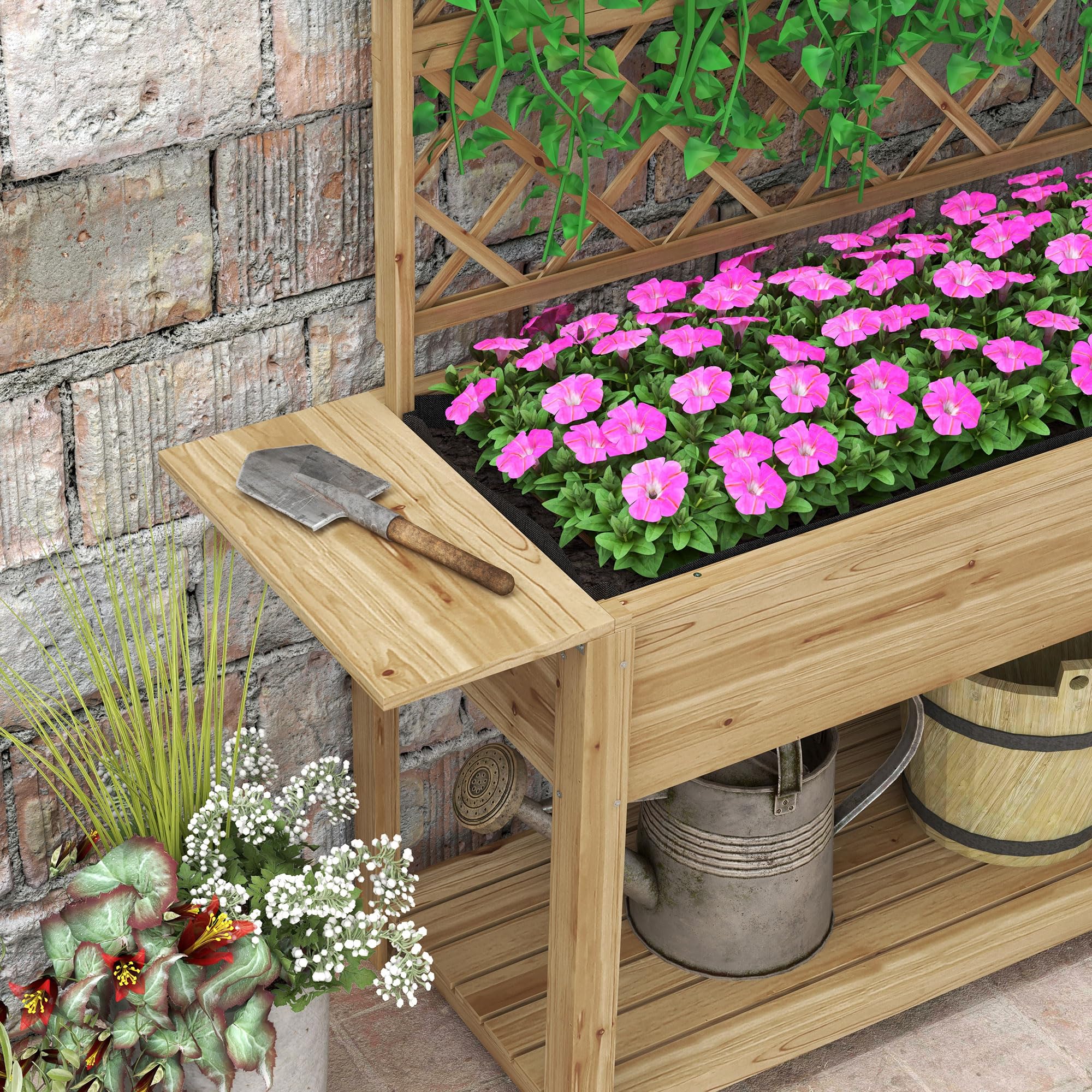 Outsunny - Jardinera rectangular con patas enrejado, 140 x 45 x 151 cm | Huerto elevado, 1 estante inferior, 2 estantes laterales abatibles, madera