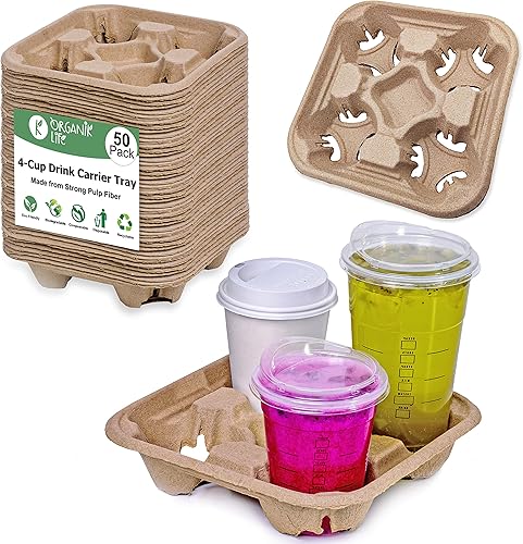 Bandeja portadora de 4 tazas (paquete de 50), soporte desechable sin derrames, biodegradable, ecológica para la entrega de bebidas calientes o