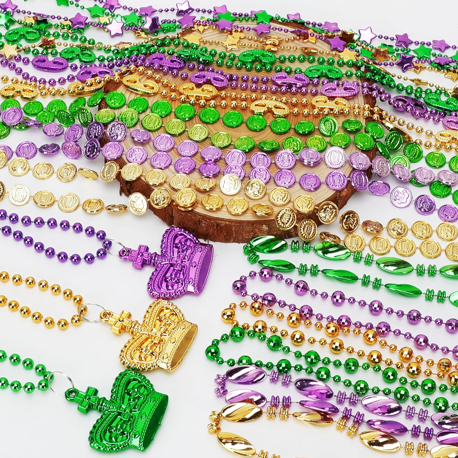 100PCS Mardi Gras Accessories, 11 Kinds Mardi Gras Beads Coins Mask Shape Necklace, Metallic Green Purple Gold Beads Parade Throw Costumes, Festival Carnivals Celebration Events Party Throws Supplies - Image 4