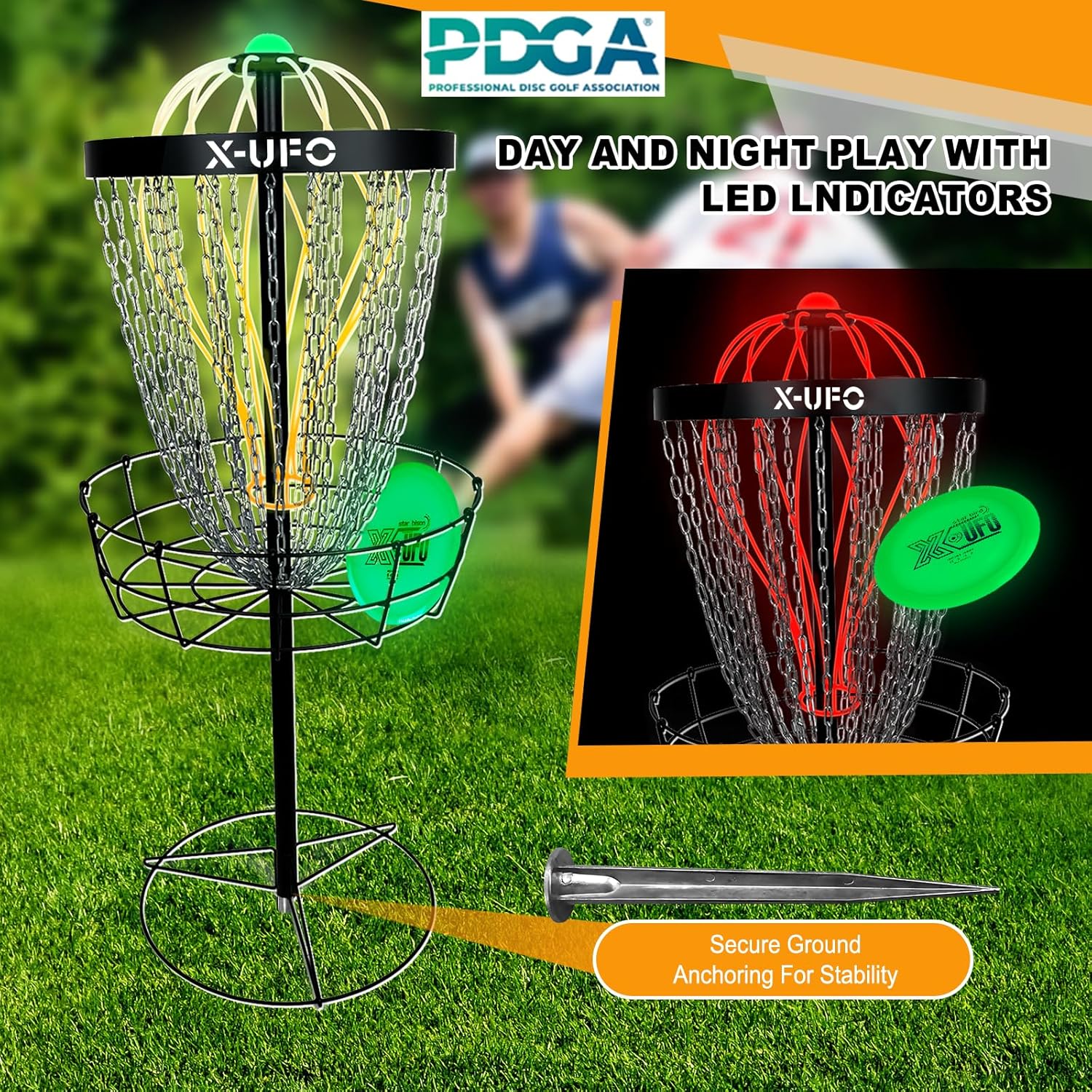 Portable Disc Golf Basket with 24 Chains and LED Sensor Lights for Night Practice - Stable Pole Base/12 Light Guide Strips
