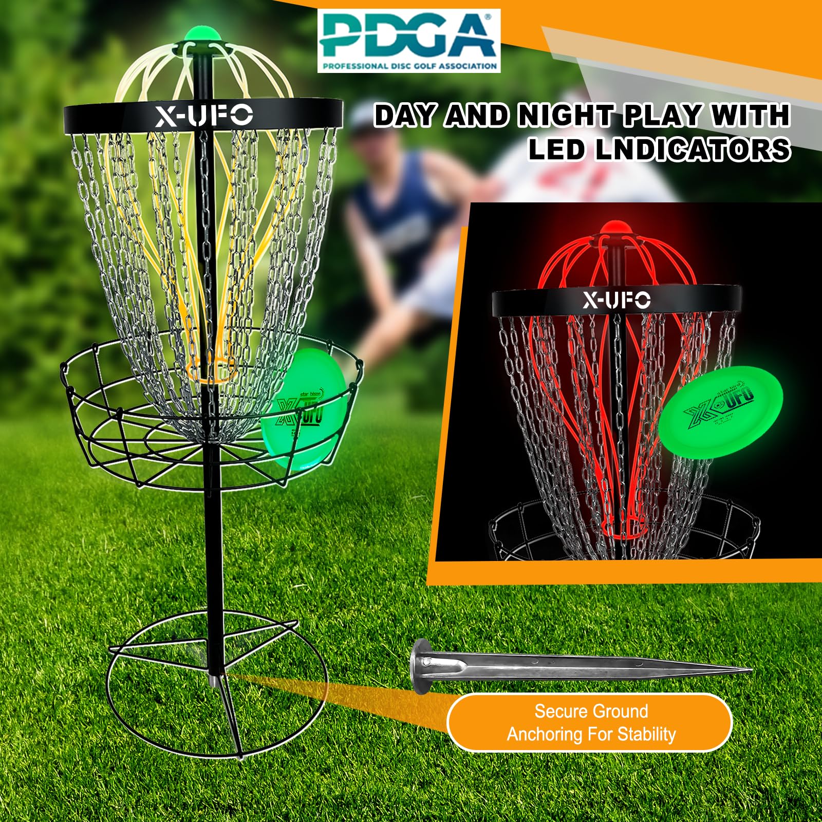 X-UFO Disc Golf Basket with 12 Lights & 24 Chains Portable Disc Golf Sports Professional Golf Discs Set with Weighted Discs, Sturdy Pole & Base, Heavy Duty 24 Chains, 12 Night Lights