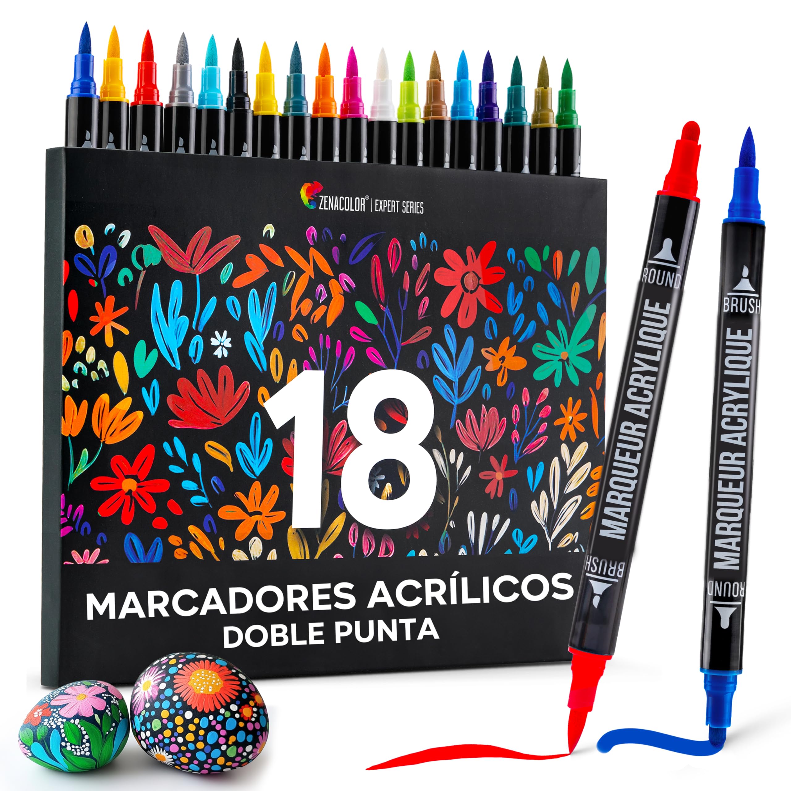 Zenacolor Rotuladores Acrilicos con Doble Punta (Punta Fina y Pincel) - 18 Colores únicos para Distintas Superficies y Obras de Arte - Rotuladores Acrilicos Permanentes
