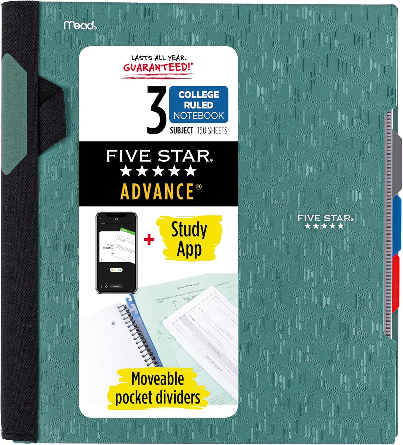 Five Star Advance Spiral Notebook + Study App, 3 Subject, College Ruled Paper, 8-1/2″ x 11″, 150 Sheets, Spiral Guard, Movable Tabbed Dividers, Seaglass Green (73136)